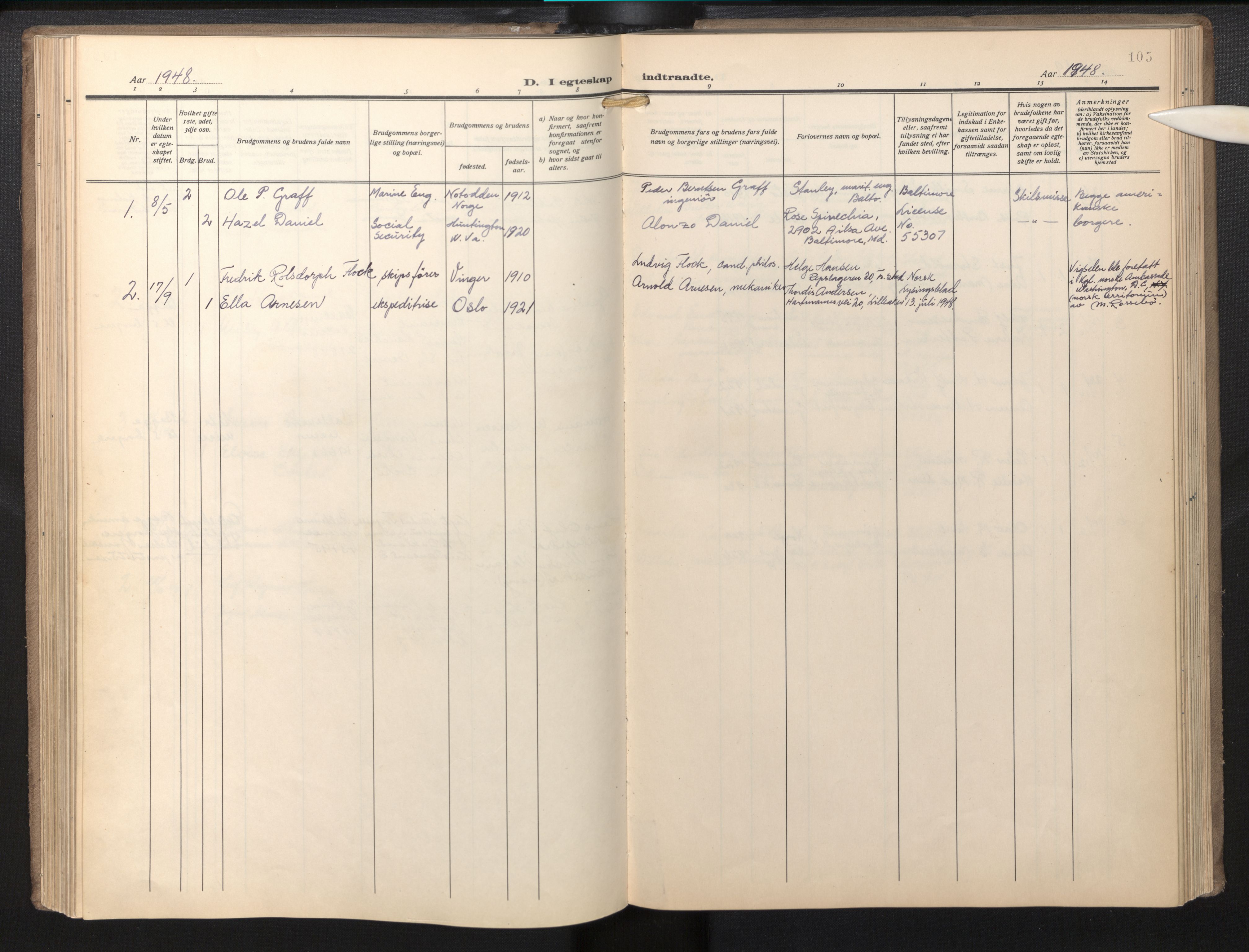 Den norske sjømannsmisjon i utlandet / Baltimore, SAB/SAB/PA-0169/H/Ha/L0001: Ministerialbok nr. A 1, 1927-1975, s. 104b-105a