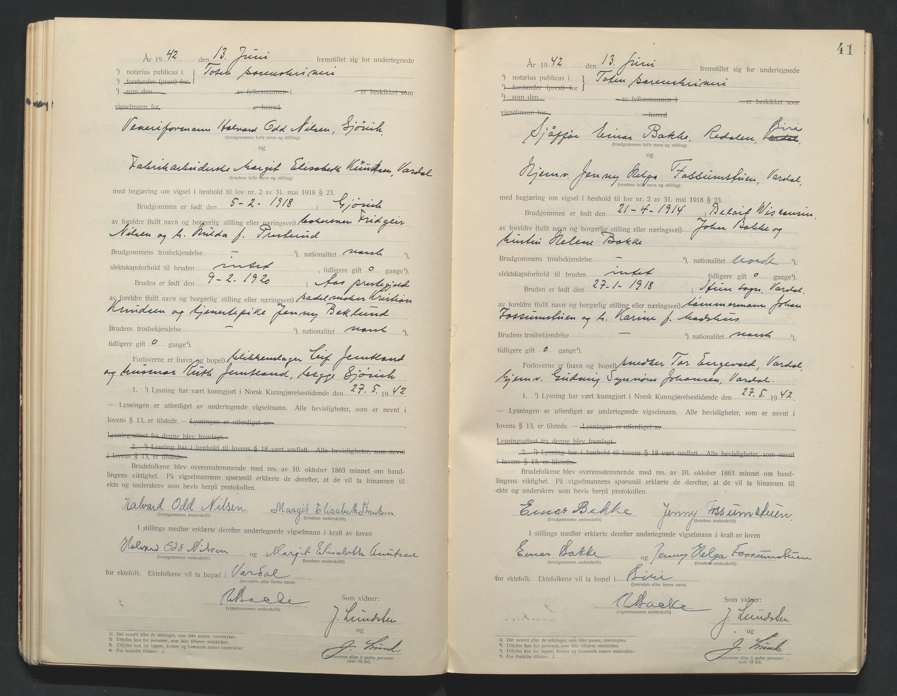 Toten tingrett, AV/SAH-TING-006/L/Lc/L0001: Vigselbok, 1920-1942, s. 41