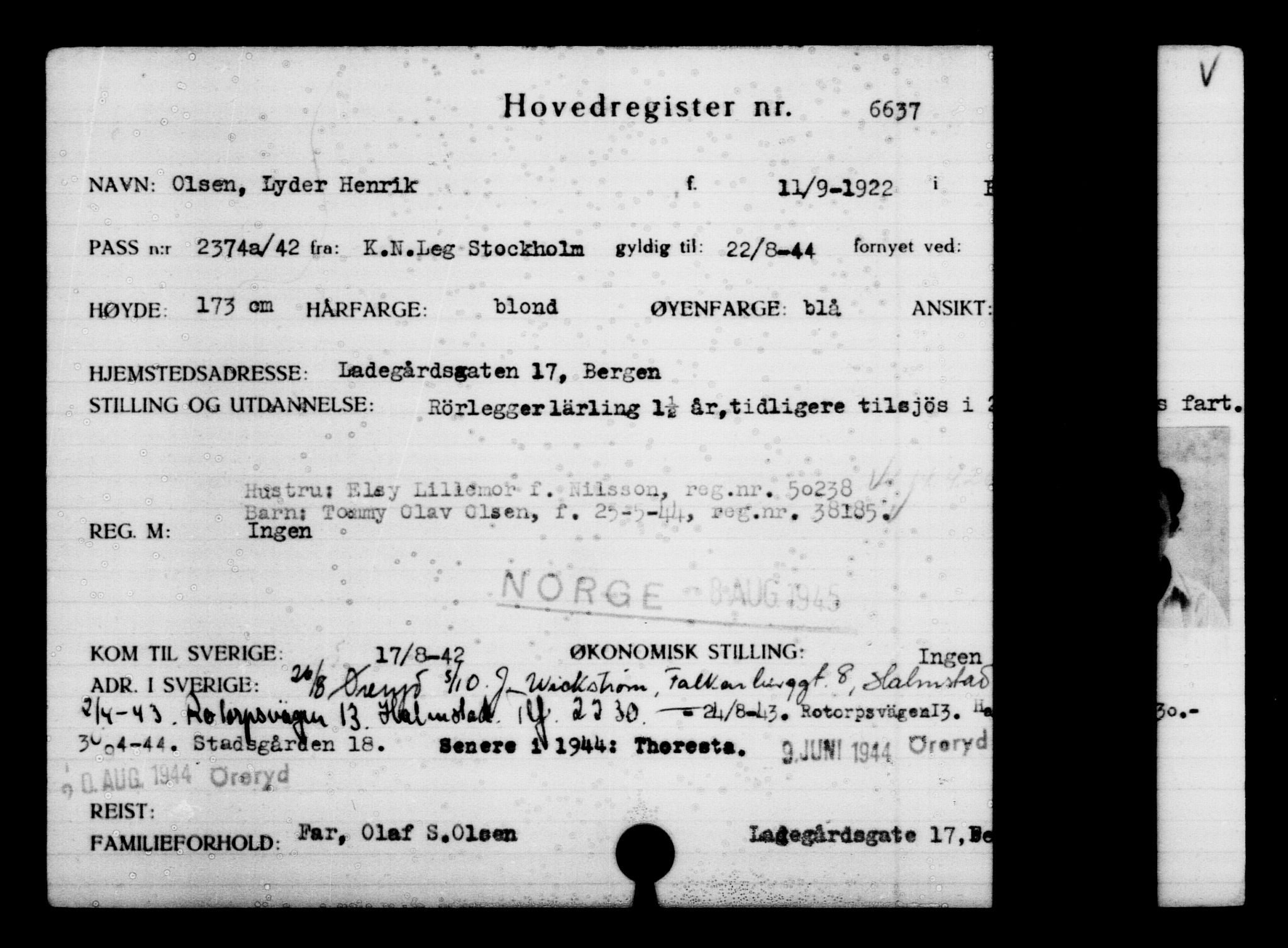 Utenriksstasjonene, Legasjonen i Stockholm, Flyktningkontoret, AV/RA-S-6753/V/Va/L0005: Kjesäterkartoteket, flyktninger med registreringsnr. 6600-9417, 1940-1945, s. 51