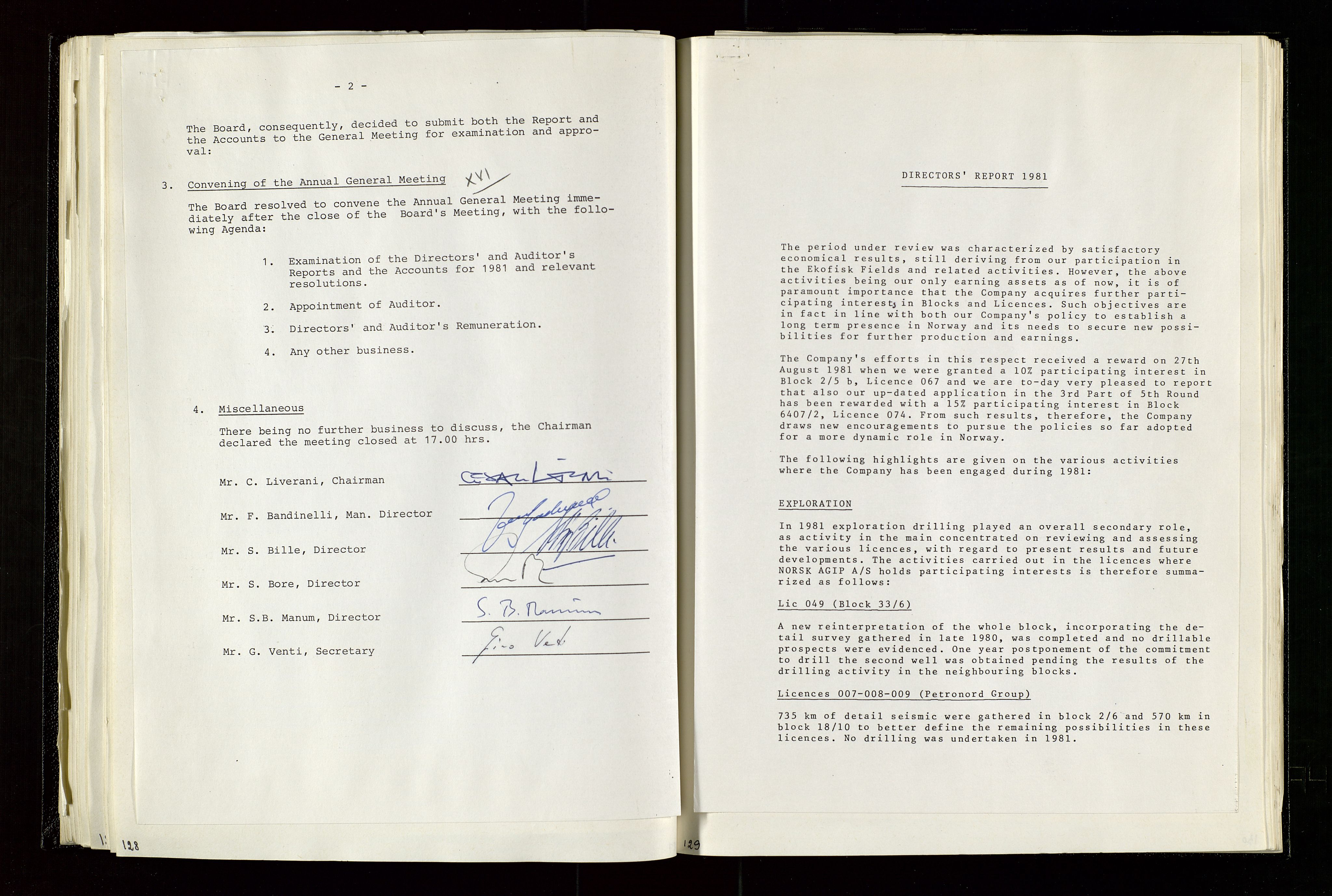 Pa 1583 - Norsk Agip AS, AV/SAST-A-102138/A/Aa/L0003: Board of Directors meeting minutes, 1979-1983, s. 128-129