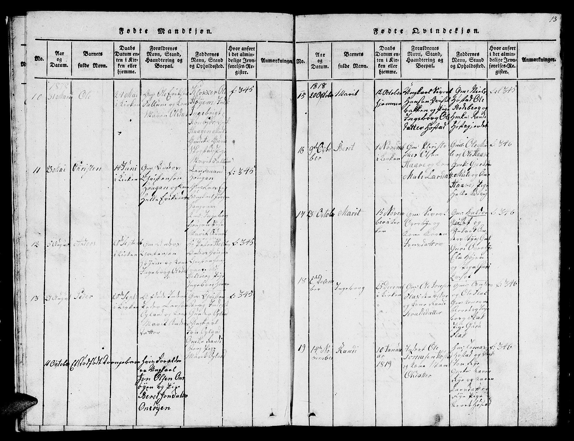 Ministerialprotokoller, klokkerbøker og fødselsregistre - Sør-Trøndelag, AV/SAT-A-1456/612/L0385: Klokkerbok nr. 612C01, 1816-1845, s. 13