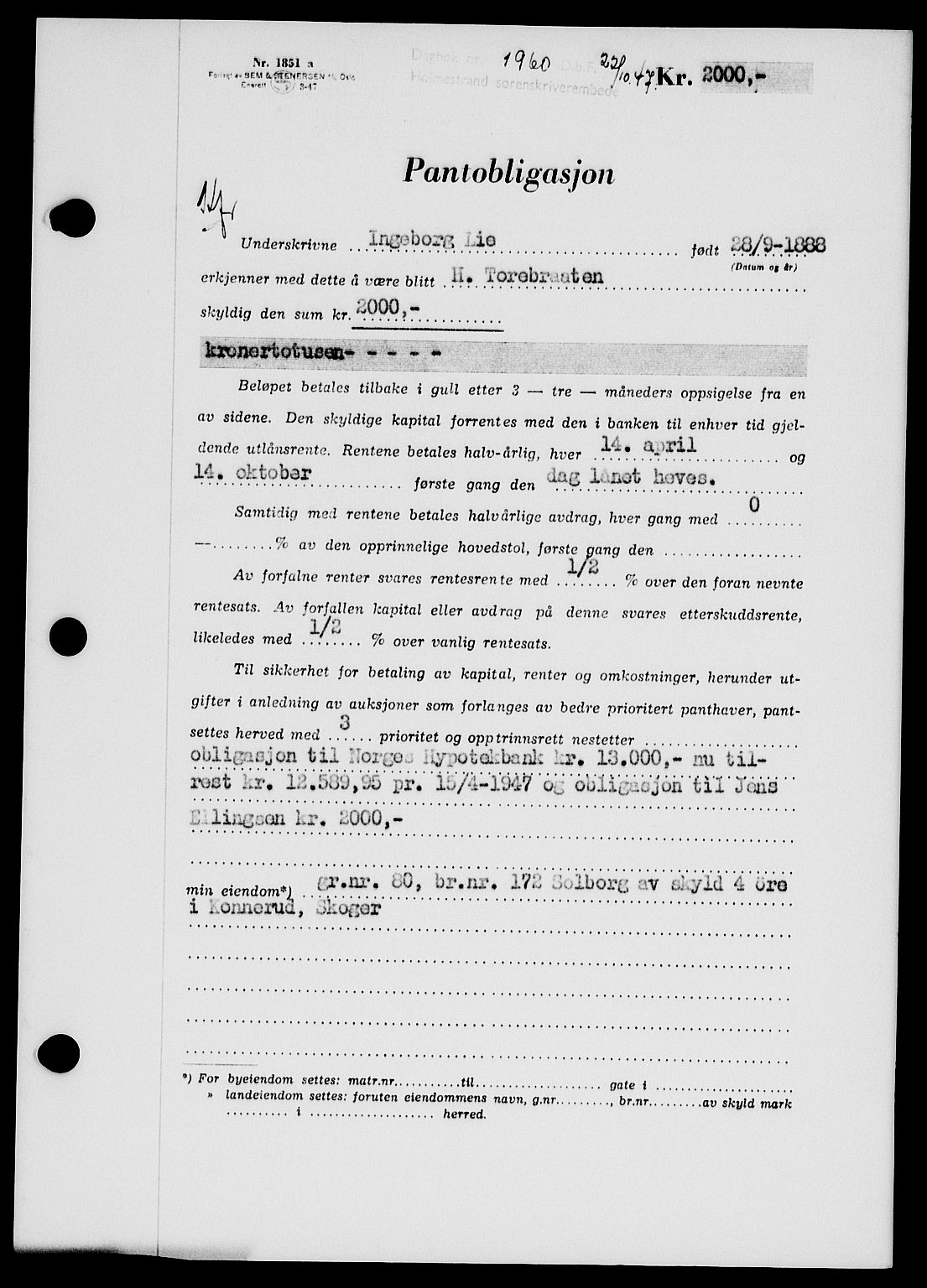 Holmestrand sorenskriveri, SAKO/A-67/G/Ga/Gab/L0058: Pantebok nr. B-58, 1947-1948, Dagboknr: 1960/1947