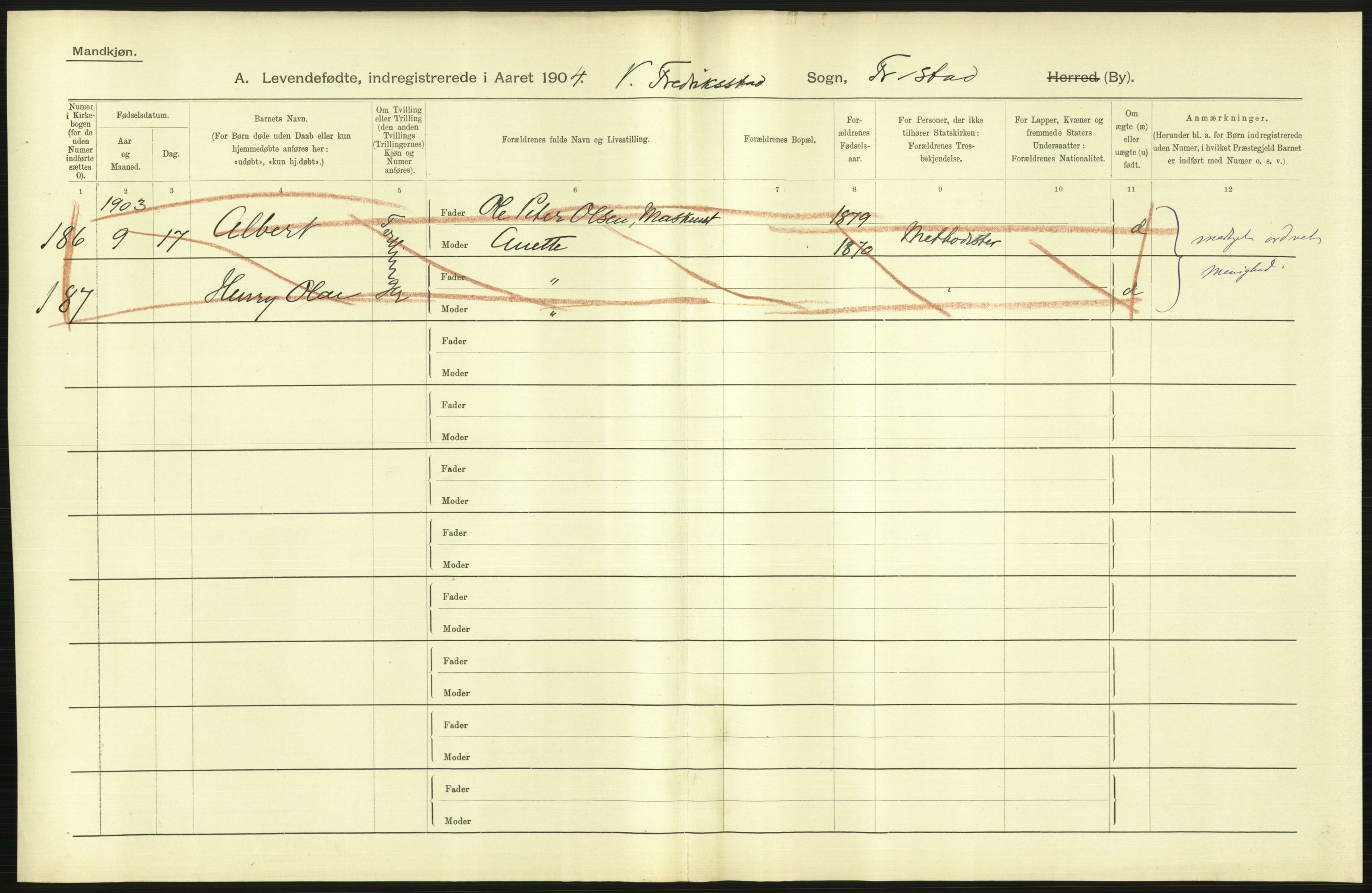 Statistisk sentralbyrå, Sosiodemografiske emner, Befolkning, RA/S-2228/D/Df/Dfa/Dfab/L0001: Smålenenes amt: Fødte, gifte, døde, 1904, s. 31