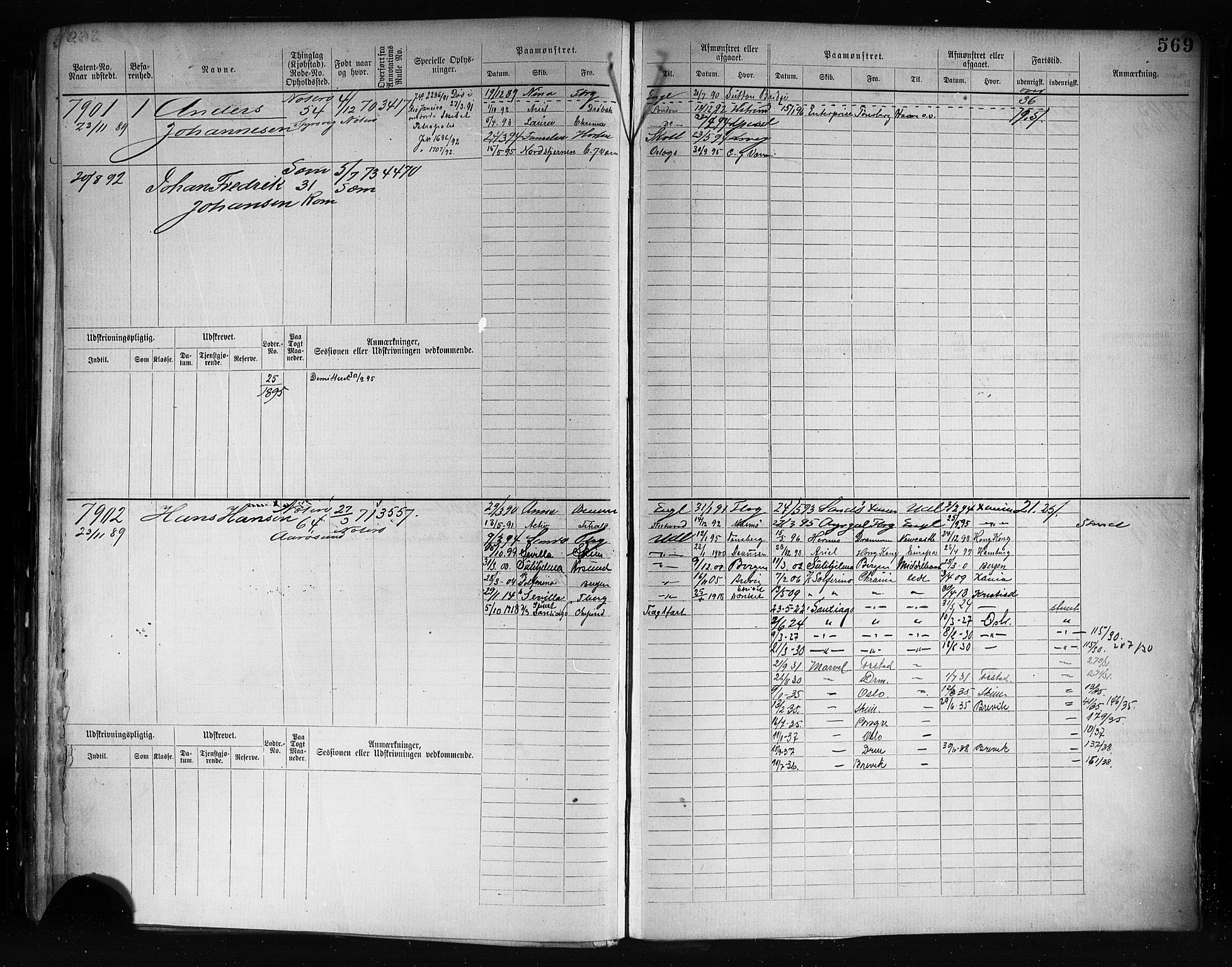 Tønsberg innrulleringskontor, SAKO/A-786/F/Fc/Fcb/L0007: Hovedrulle Patent nr. 6761-7906, 1882-1889, s. 576