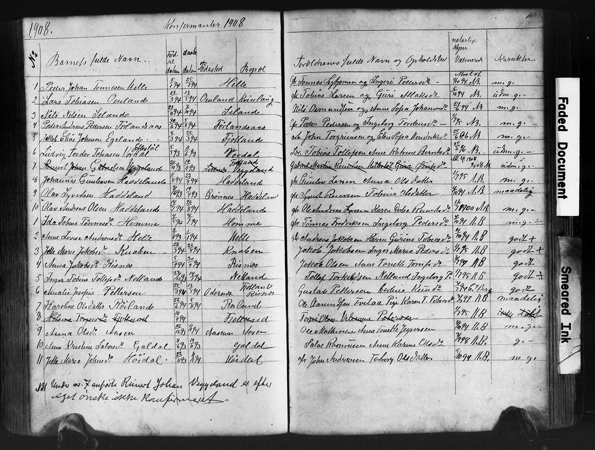 Fjotland sokneprestkontor, AV/SAK-1111-0010/F/Fb/L0003: Klokkerbok nr. B 3, 1872-1924, s. 161