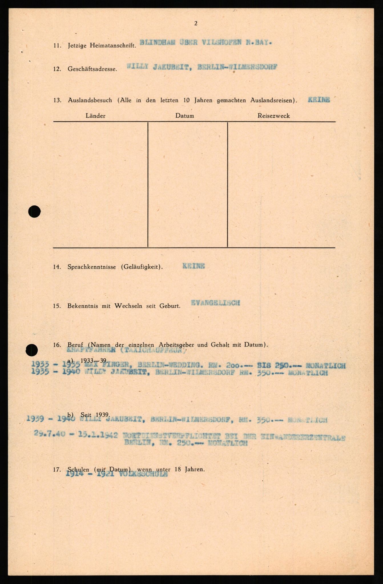 Forsvaret, Forsvarets overkommando II, RA/RAFA-3915/D/Db/L0029: CI Questionaires. Tyske okkupasjonsstyrker i Norge. Tyskere., 1945-1946, s. 109