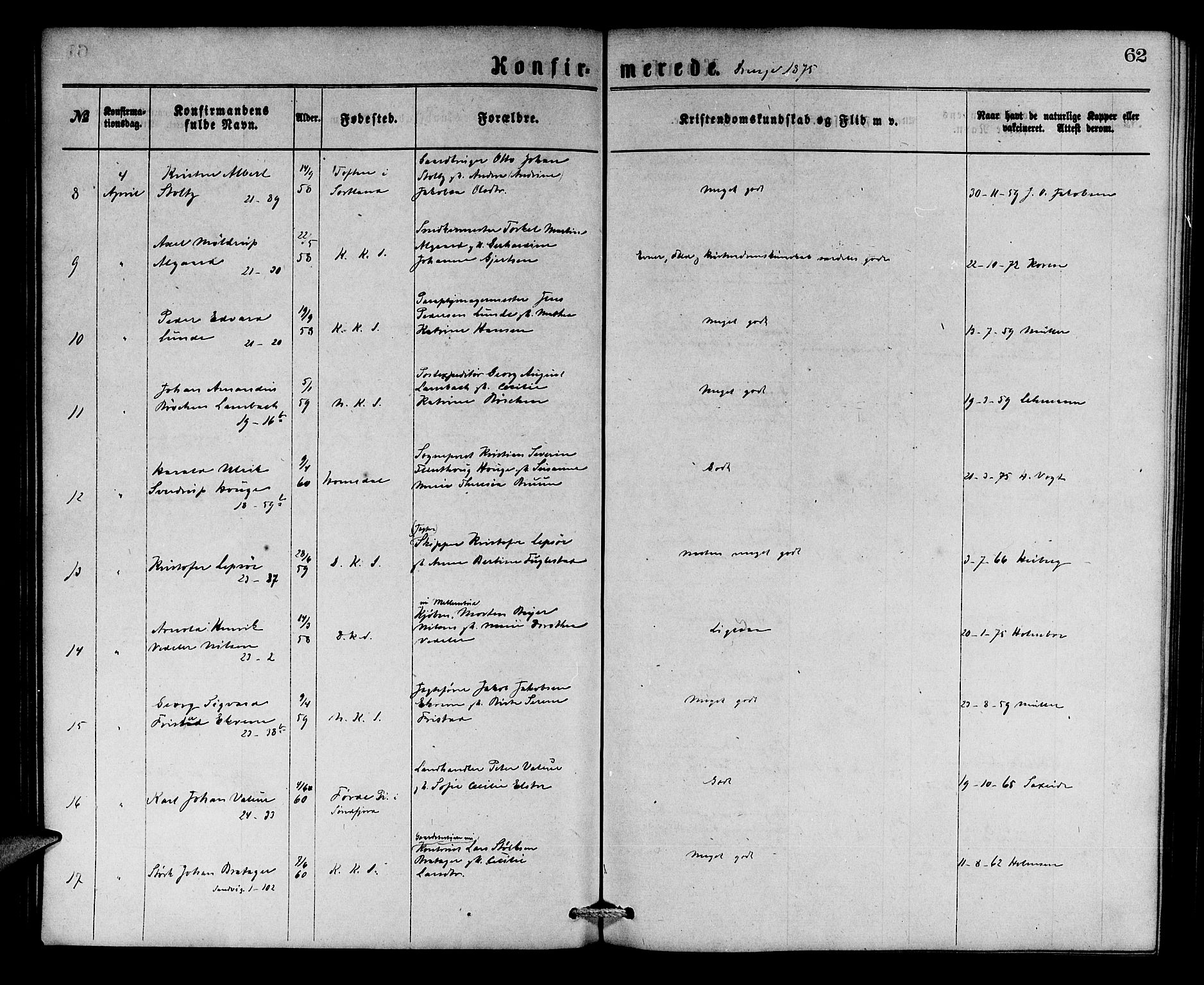 Korskirken sokneprestembete, SAB/A-76101/H/Hab: Klokkerbok nr. C 2, 1869-1879, s. 62