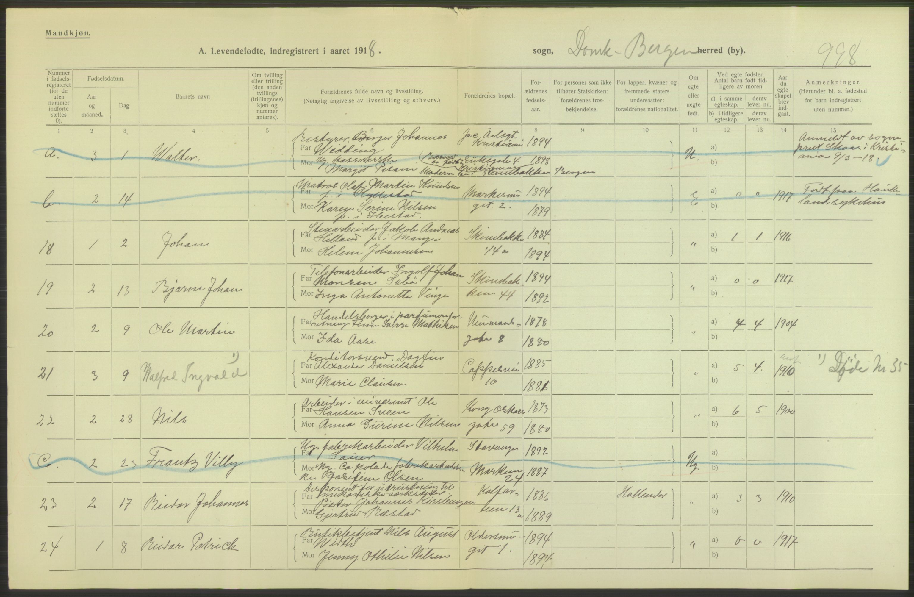 Statistisk sentralbyrå, Sosiodemografiske emner, Befolkning, AV/RA-S-2228/D/Df/Dfb/Dfbh/L0037: Bergen: Levendefødte menn og kvinner., 1918, s. 560