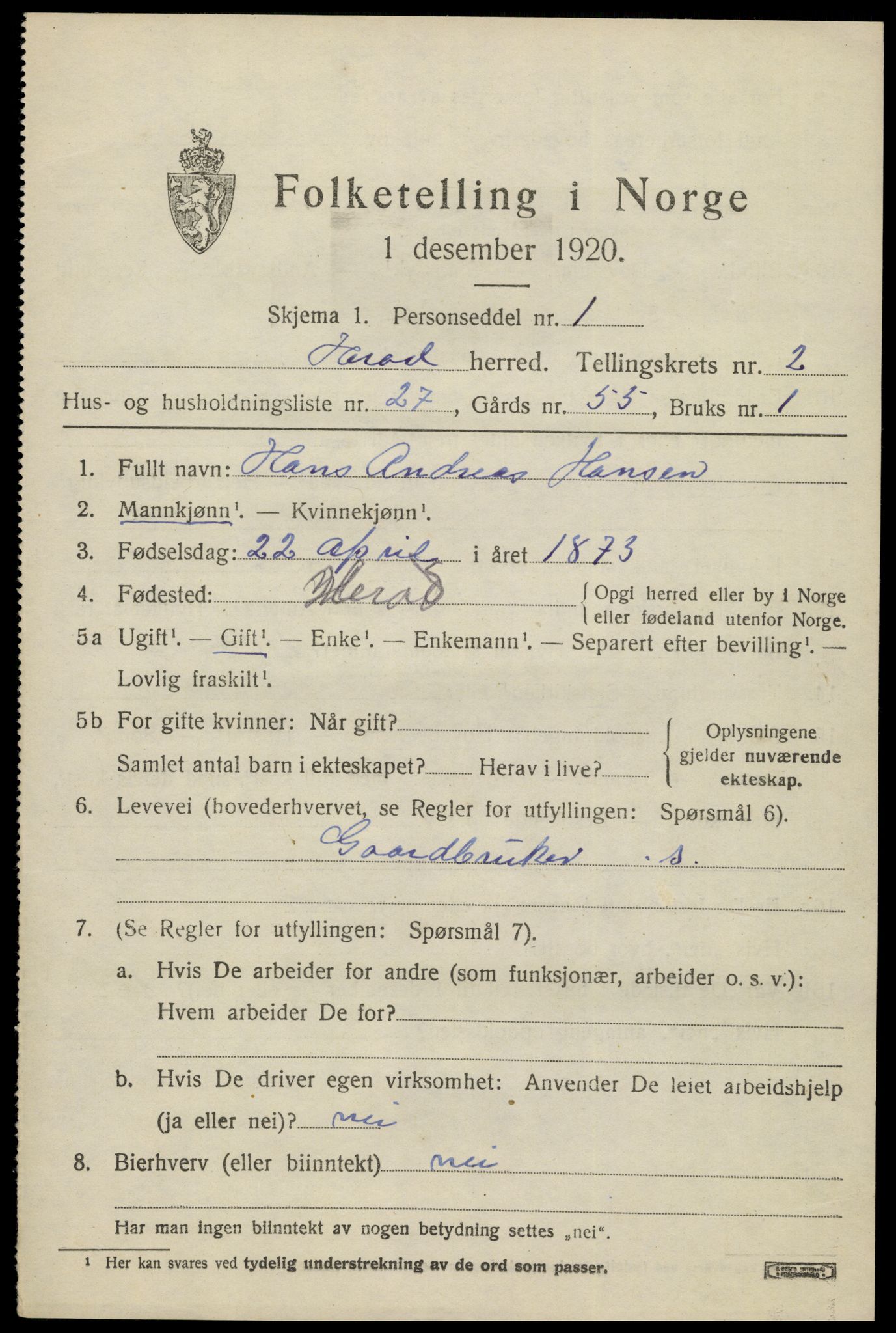 SAK, Folketelling 1920 for 1039 Herad herred, 1920, s. 1308