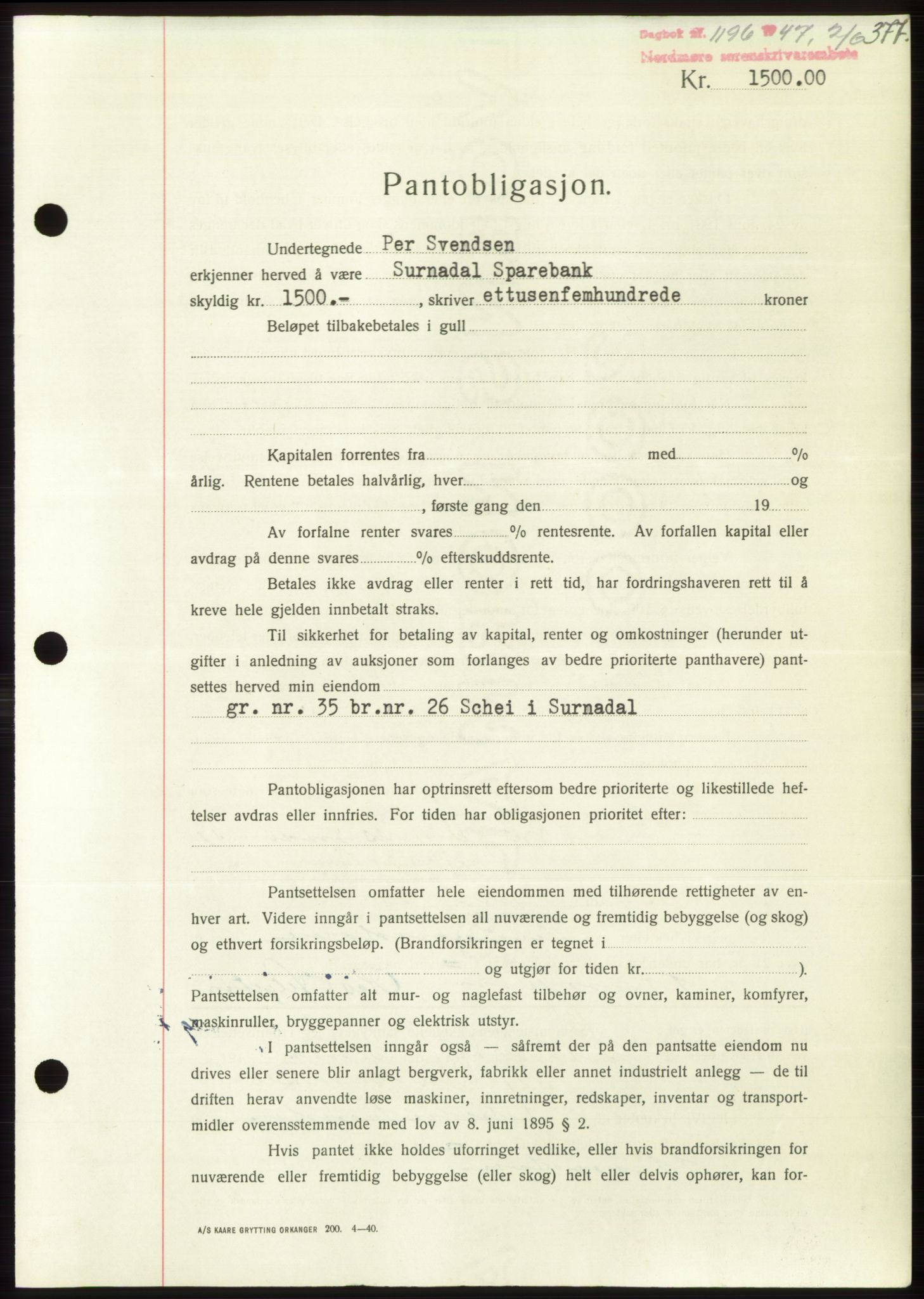 Nordmøre sorenskriveri, SAT/A-4132/1/2/2Ca: Pantebok nr. B96, 1947-1947, Dagboknr: 1196/1947
