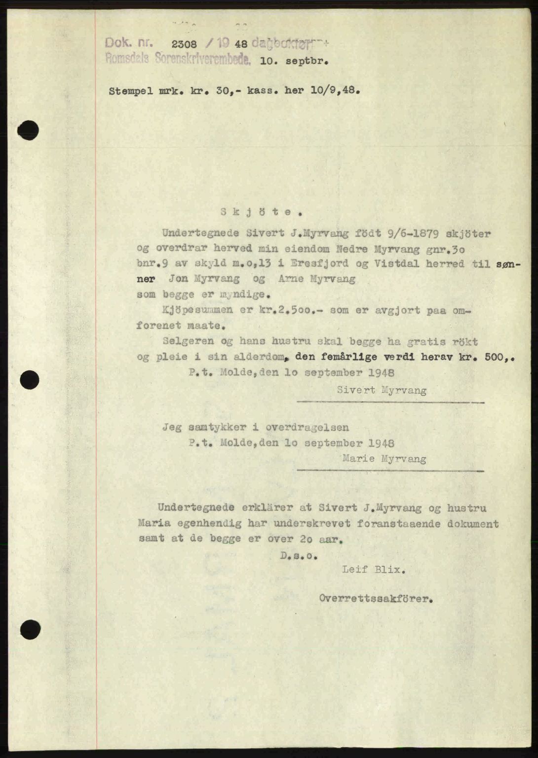 Romsdal sorenskriveri, SAT/A-4149/1/2/2C: Pantebok nr. A27, 1948-1948, Dagboknr: 2308/1948