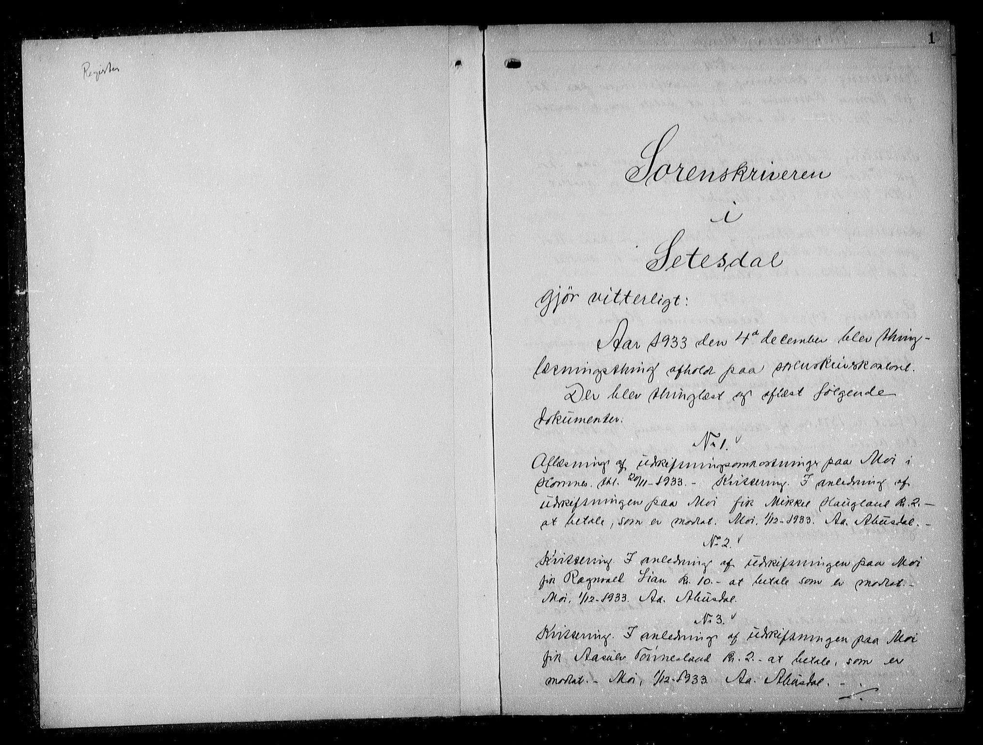 Setesdal sorenskriveri, AV/SAK-1221-0011/G/Gb/L0027: Pantebok nr. 26I, 1933-1941, s. 0-1