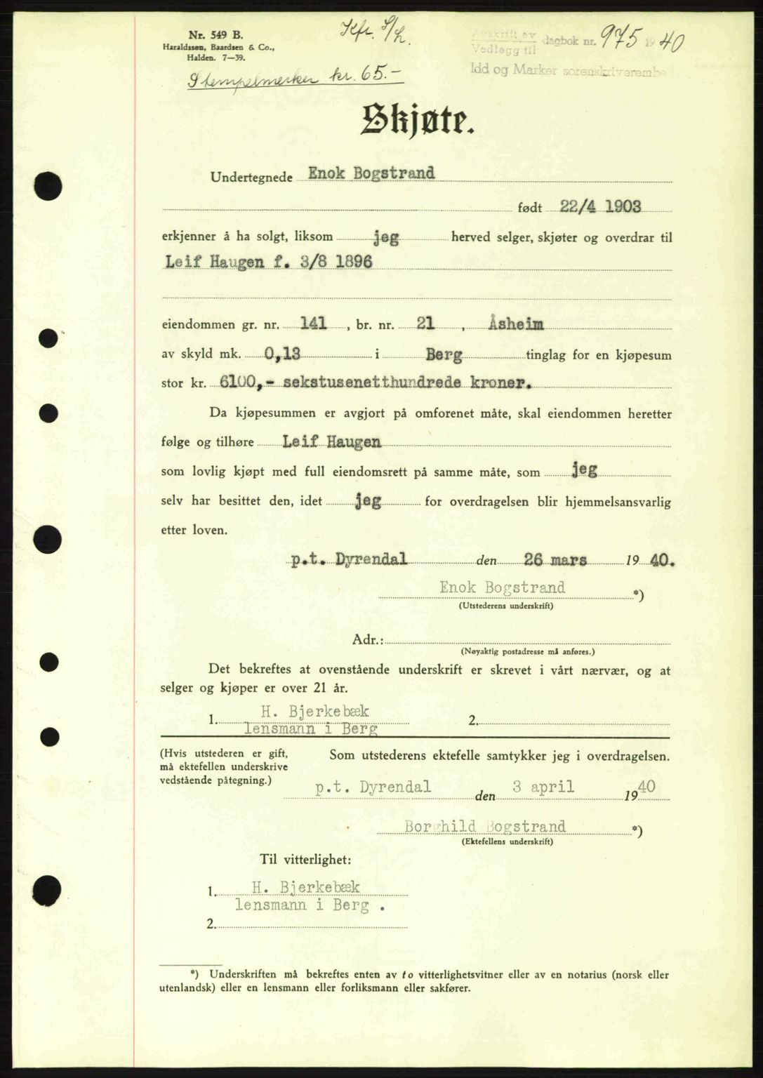 Idd og Marker sorenskriveri, AV/SAO-A-10283/G/Gb/Gbb/L0004: Pantebok nr. A4, 1940-1941, Dagboknr: 975/1940