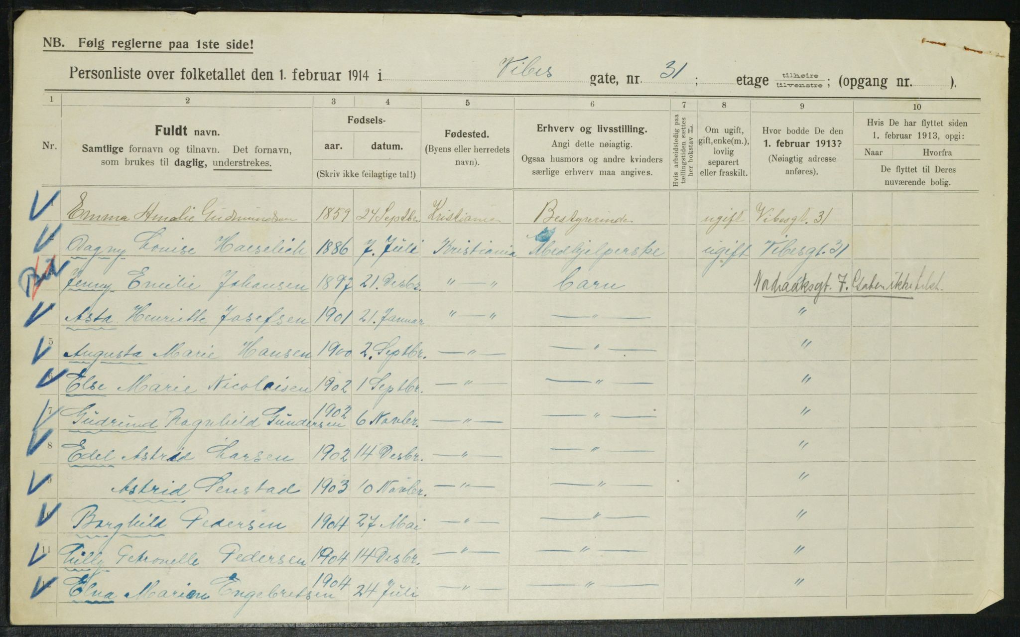 OBA, Kommunal folketelling 1.2.1914 for Kristiania, 1914, s. 124512