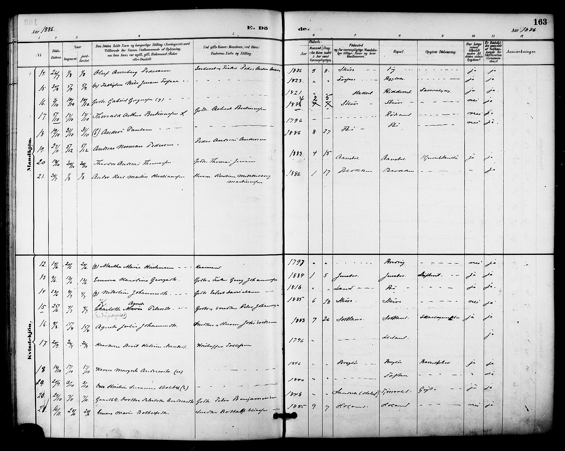 Ministerialprotokoller, klokkerbøker og fødselsregistre - Nordland, AV/SAT-A-1459/895/L1371: Ministerialbok nr. 895A06, 1885-1894, s. 163