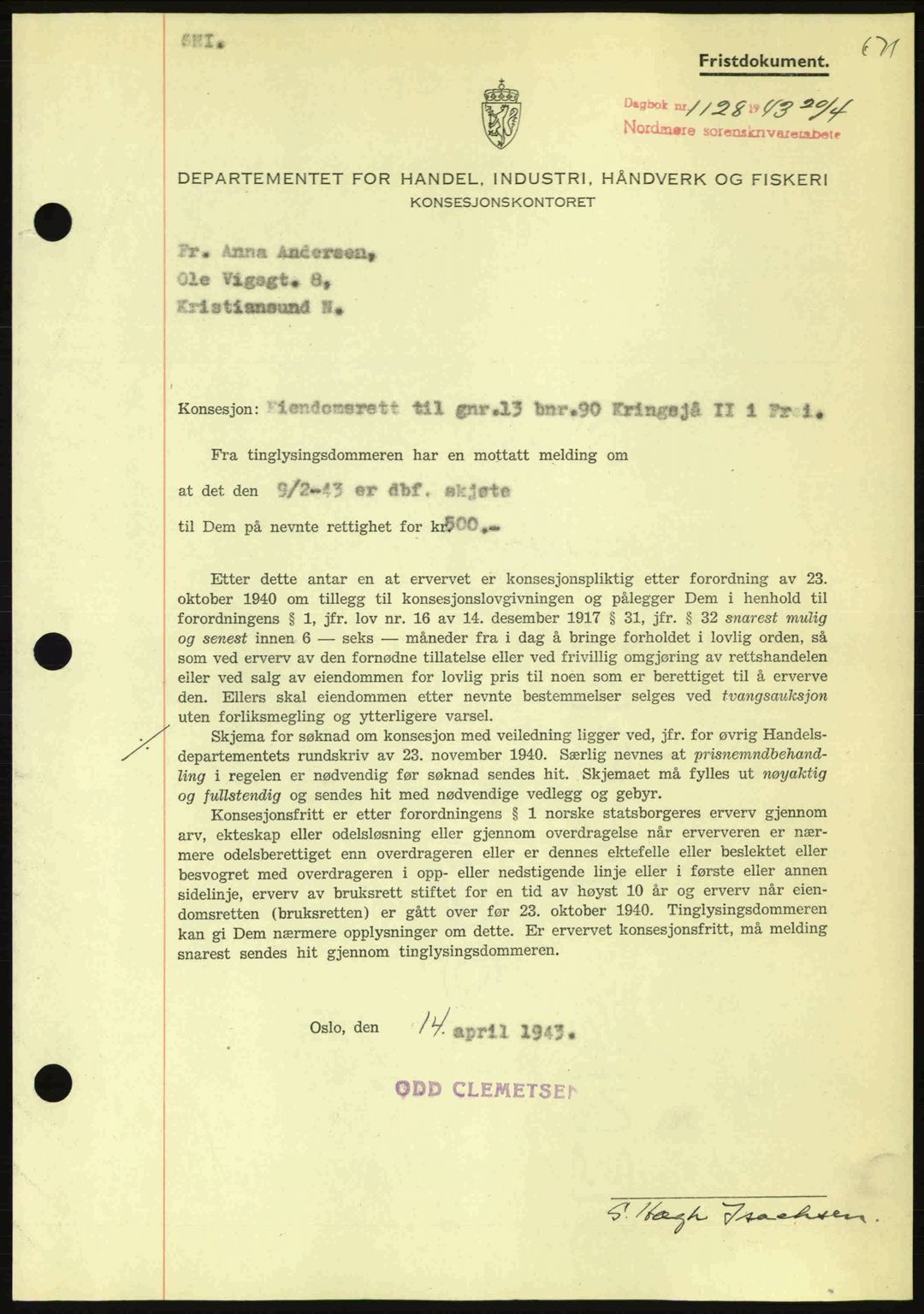 Nordmøre sorenskriveri, SAT/A-4132/1/2/2Ca: Pantebok nr. B90, 1942-1943, Dagboknr: 1128/1943