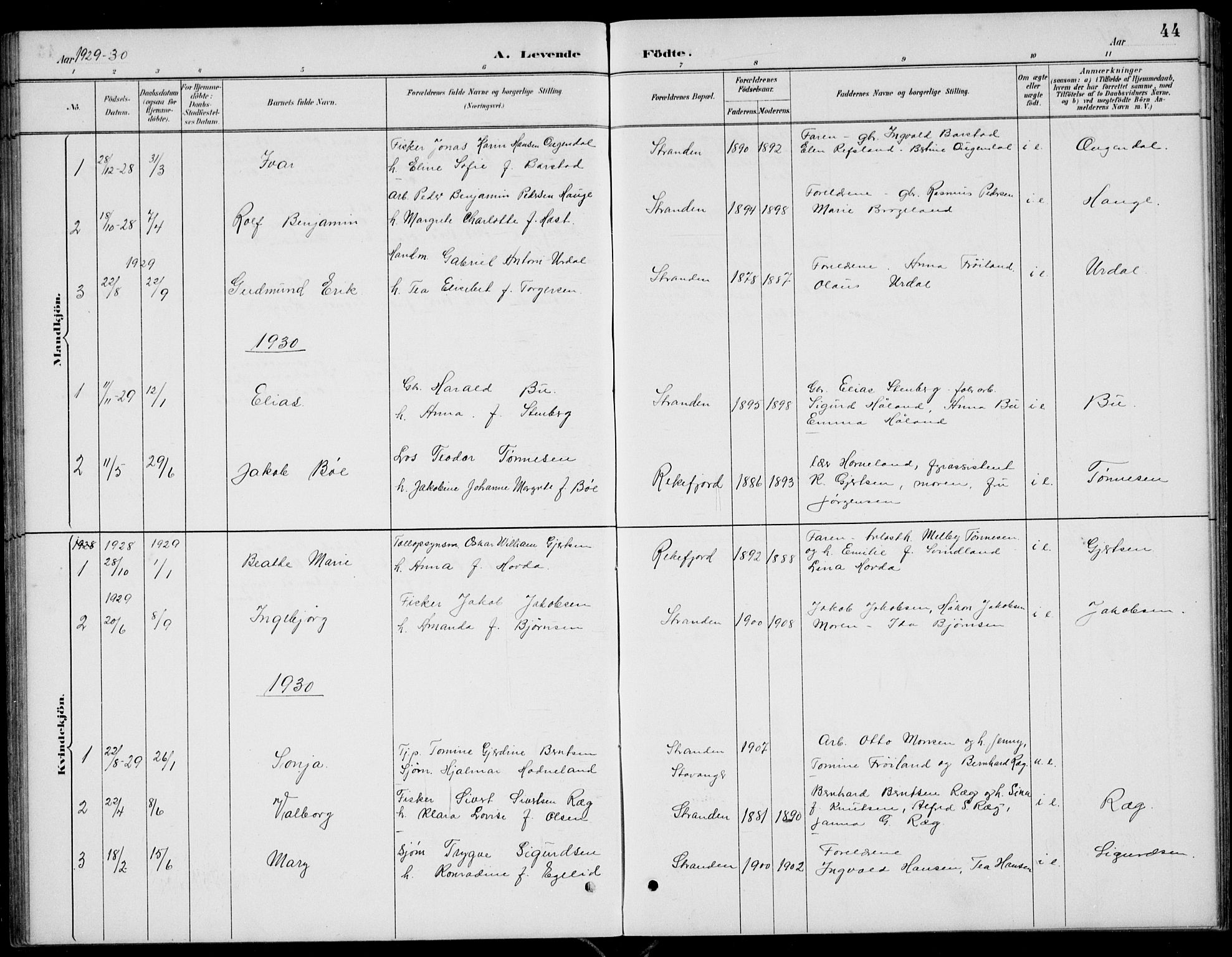 Sokndal sokneprestkontor, AV/SAST-A-101808: Klokkerbok nr. B 5, 1887-1934, s. 44