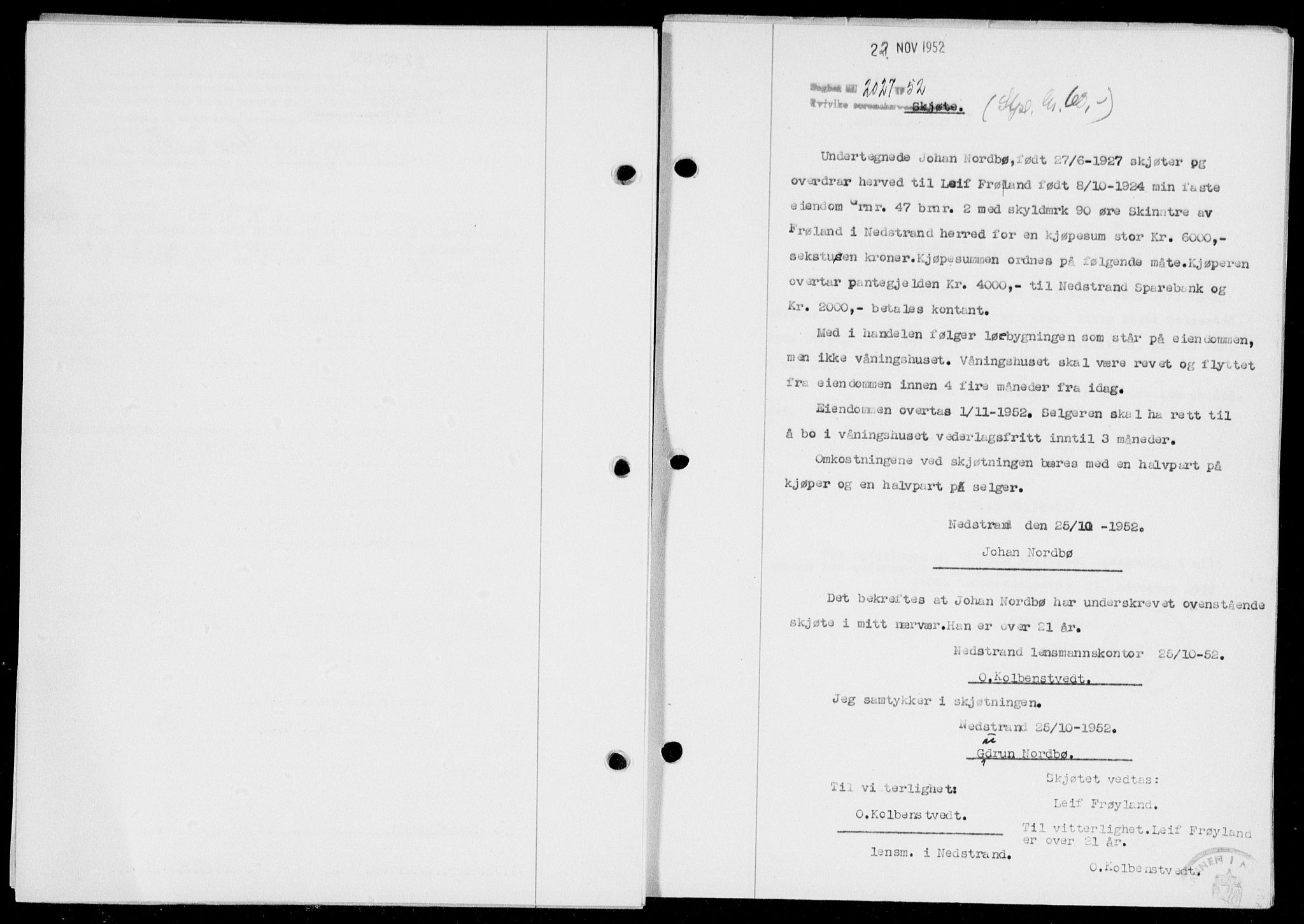 Ryfylke tingrett, SAST/A-100055/001/II/IIB/L0120: Pantebok nr. 99, 1952-1953, Dagboknr: 2027/1952