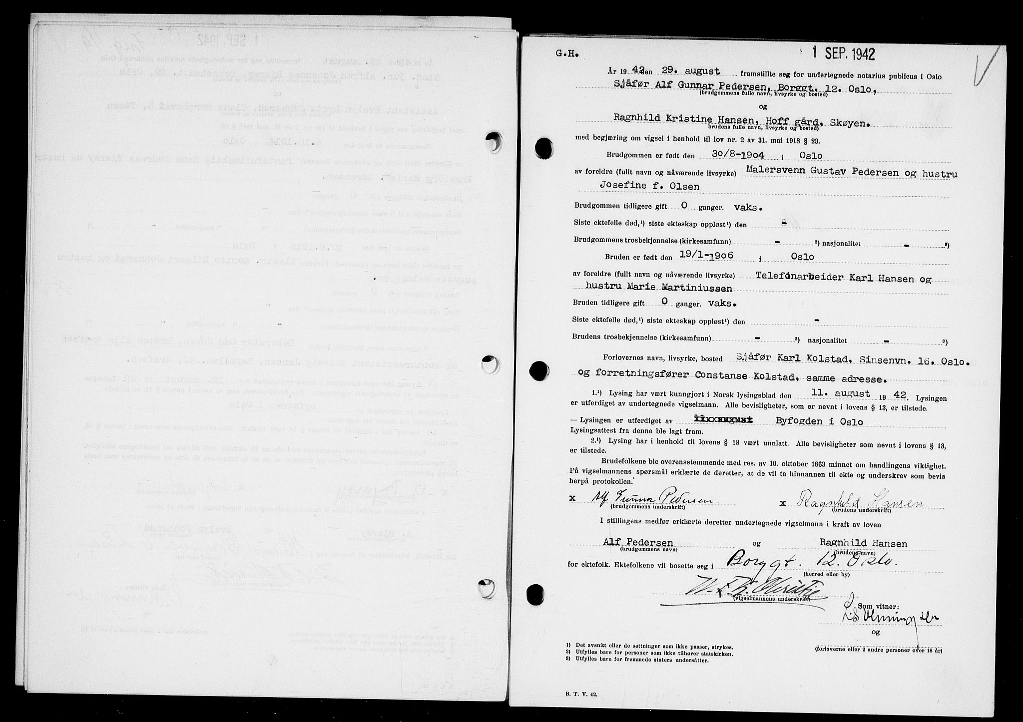 Oslo byfogd avd. I, AV/SAO-A-10220/L/Lb/Lbb/L0041: Notarialprotokoll, rekke II: Vigsler, 1942