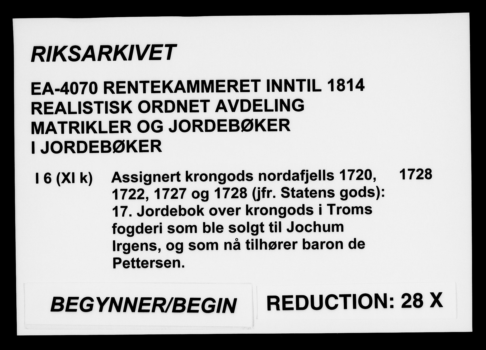 Rentekammeret inntil 1814, Realistisk ordnet avdeling, AV/RA-EA-4070/N/Na/L0006/0017: [XI k]: Assignert krongods nordafjells (1720, 1722, 1727 og 1728): / Jordebok over krongods i Troms fogderi som ble solgt til Jochum Irgens, og som nå tilhører baron de Pettersen, 1728