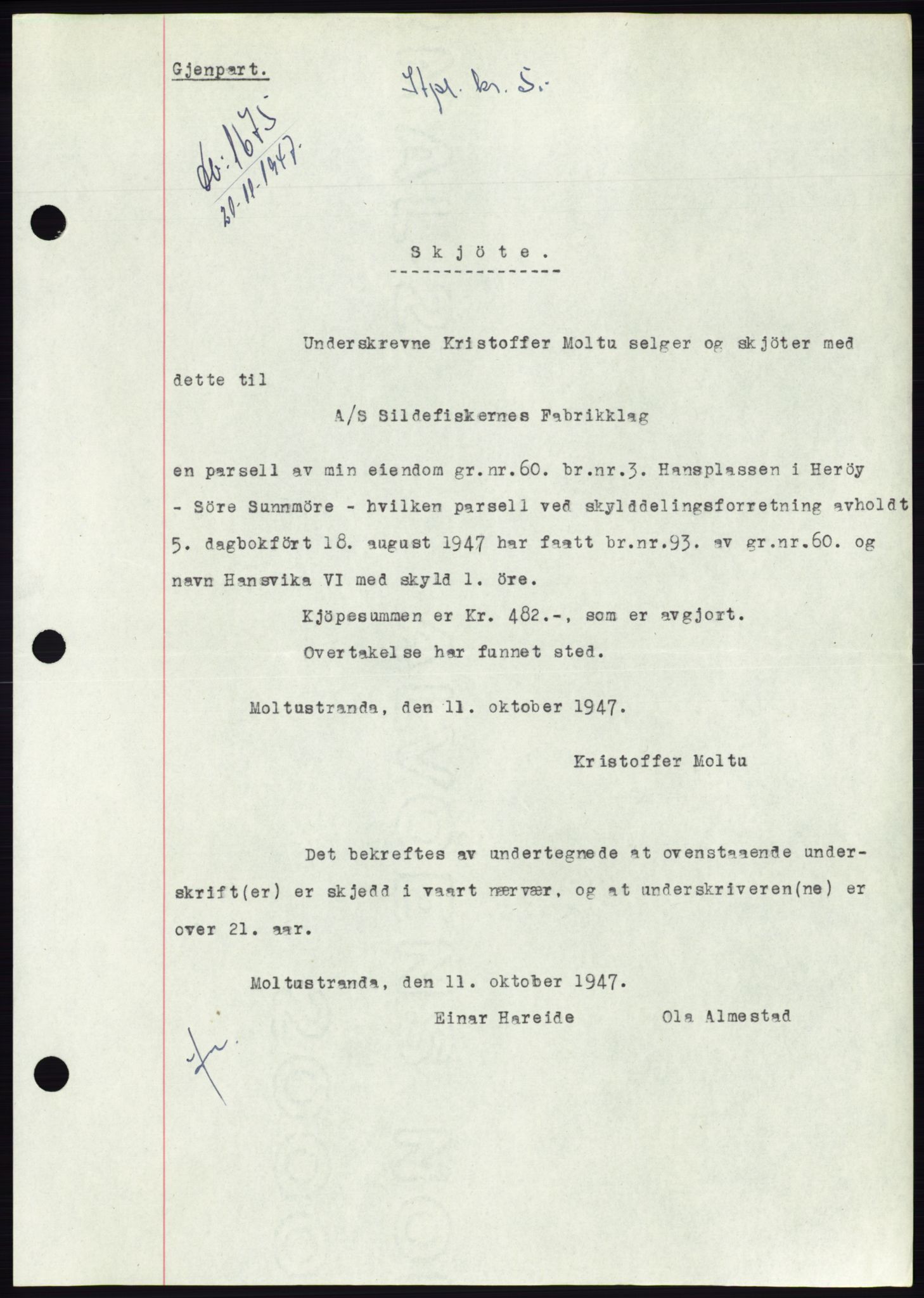 Søre Sunnmøre sorenskriveri, SAT/A-4122/1/2/2C/L0081: Pantebok nr. 7A, 1947-1948, Dagboknr: 1675/1947