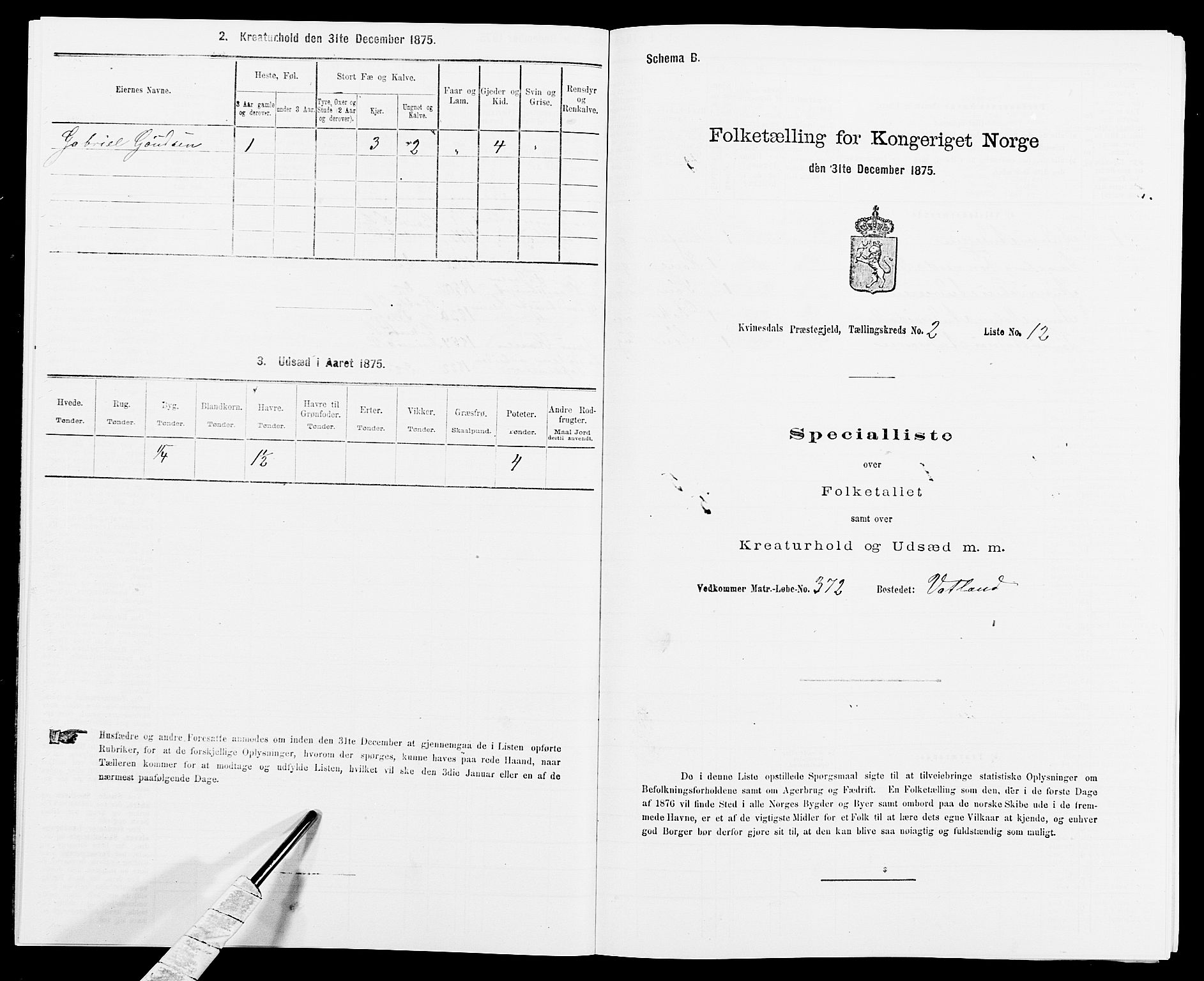 SAK, Folketelling 1875 for 1037P Kvinesdal prestegjeld, 1875, s. 295