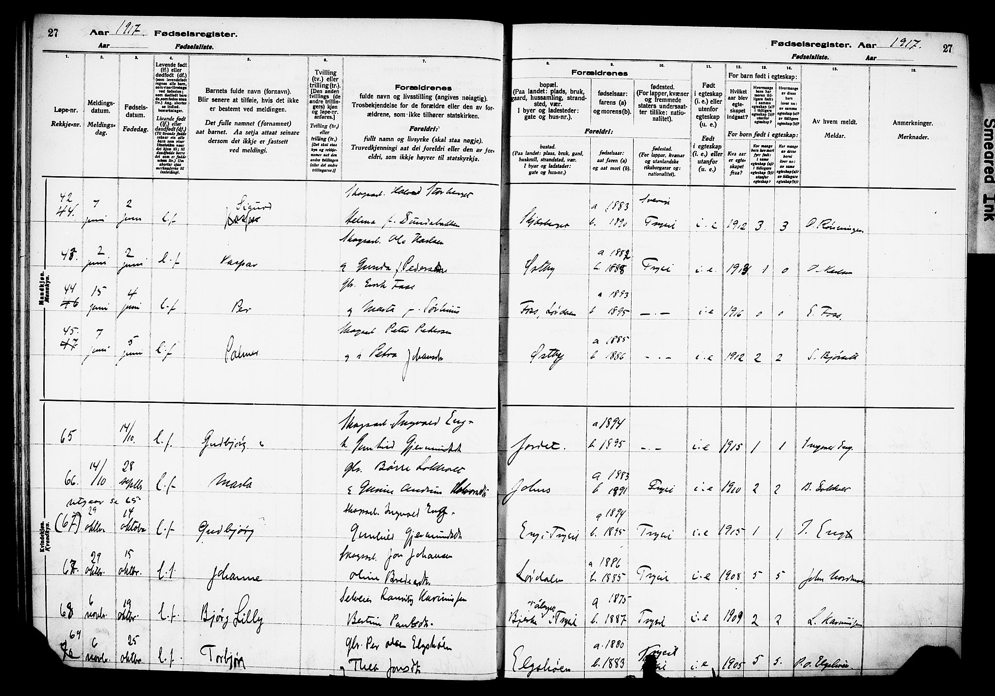 Trysil prestekontor, AV/SAH-PREST-046/I/Id/Ida/L0001: Fødselsregister nr. I 1, 1916-1927, s. 27