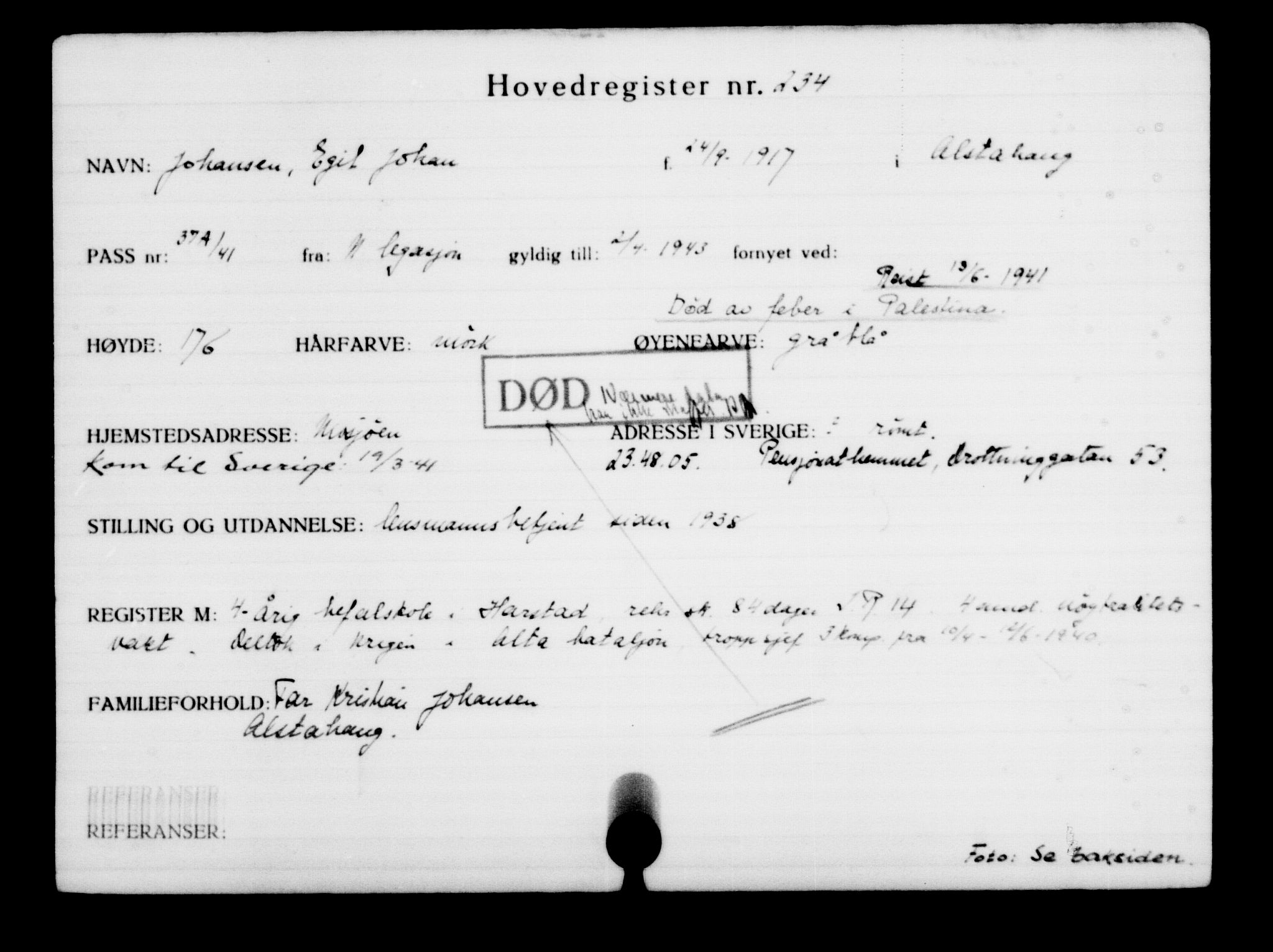 Utenriksstasjonene, Legasjonen i Stockholm, Flyktningkontoret, AV/RA-S-6753/V/Va/L0001: Kjesäterkartoteket, flyktninger med registreringsnr. 1-1000, 1940-1945, s. 374