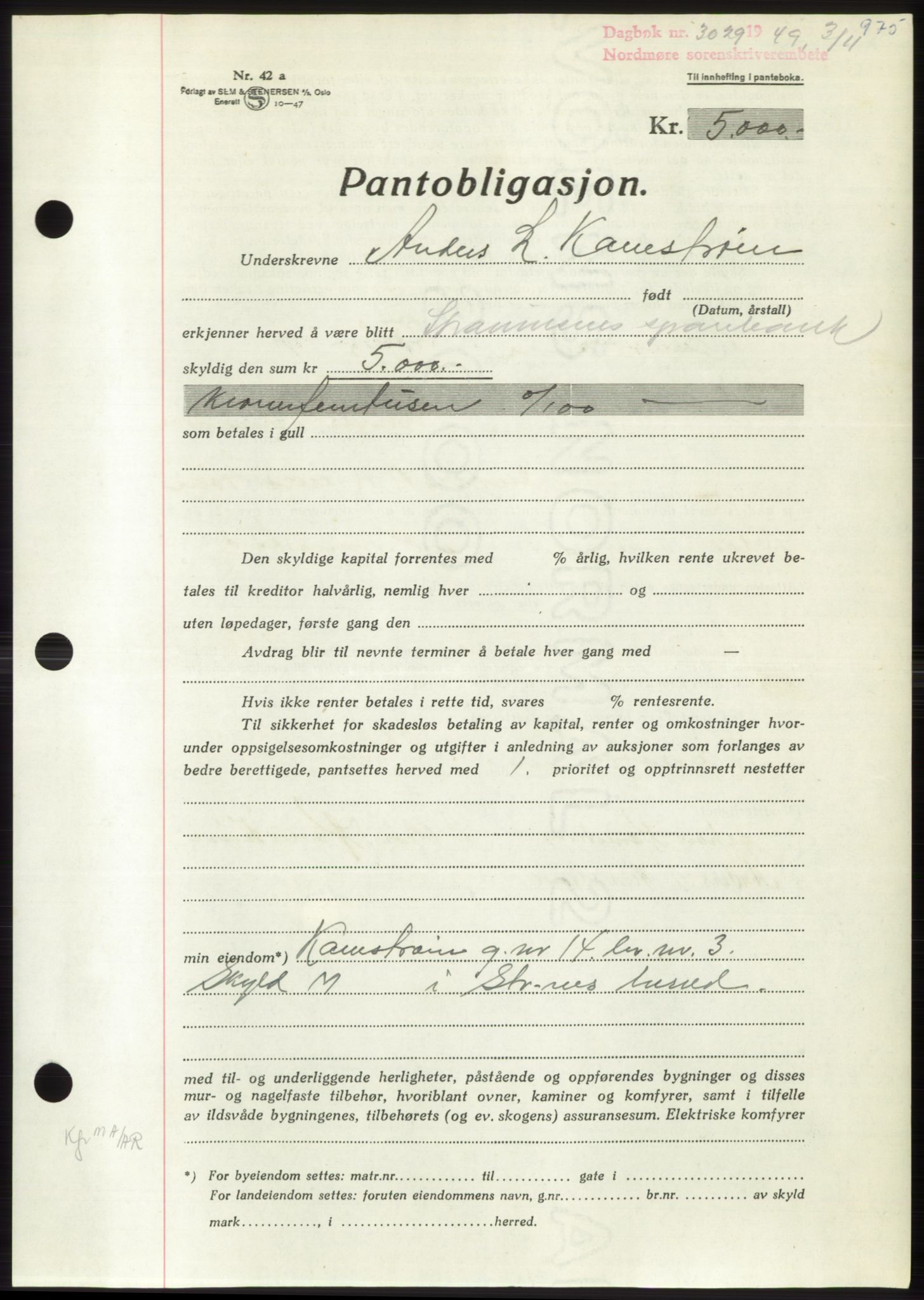 Nordmøre sorenskriveri, AV/SAT-A-4132/1/2/2Ca: Pantebok nr. B102, 1949-1949, Dagboknr: 3029/1949