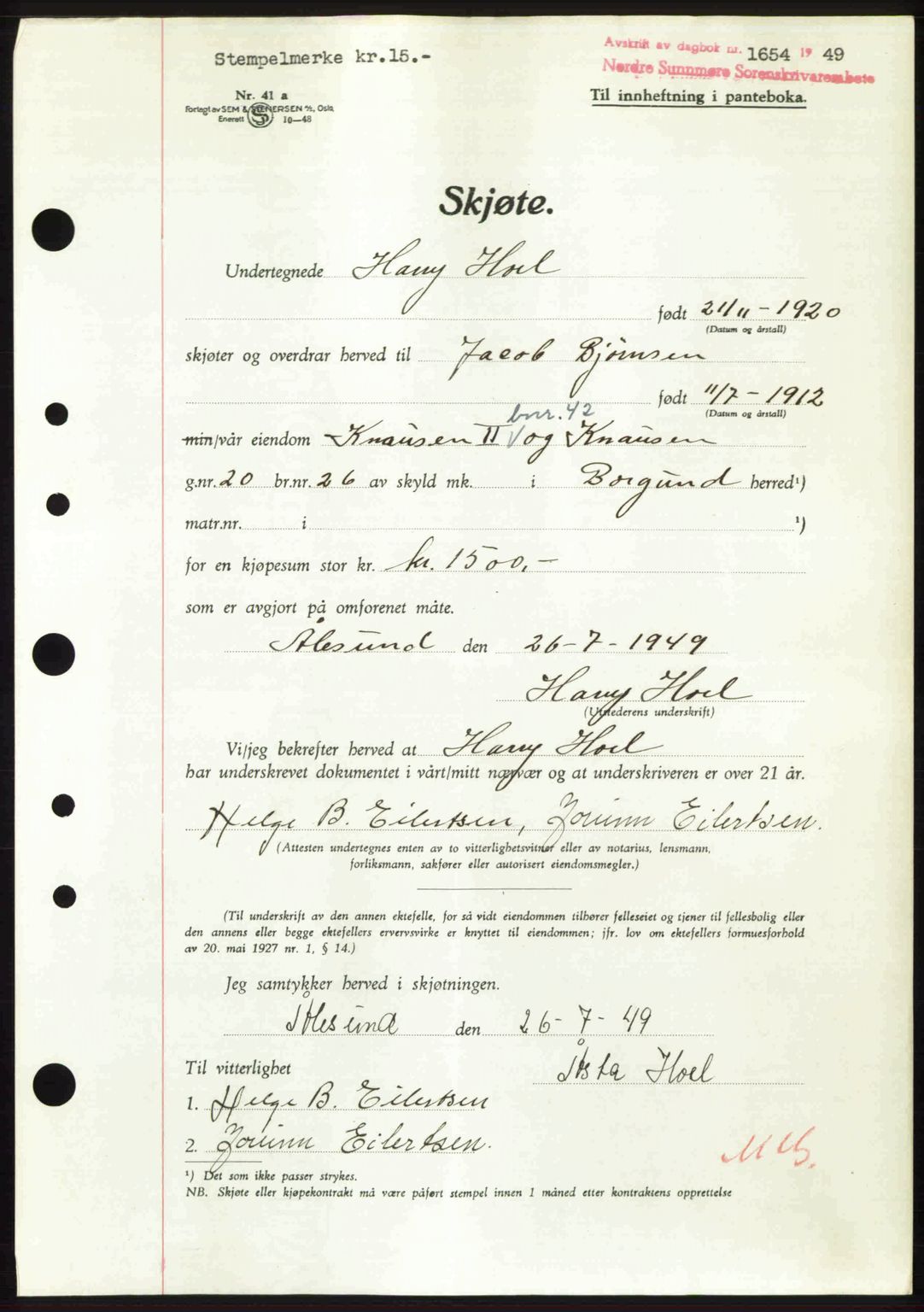 Nordre Sunnmøre sorenskriveri, AV/SAT-A-0006/1/2/2C/2Ca: Pantebok nr. A31, 1949-1949, Dagboknr: 1654/1949