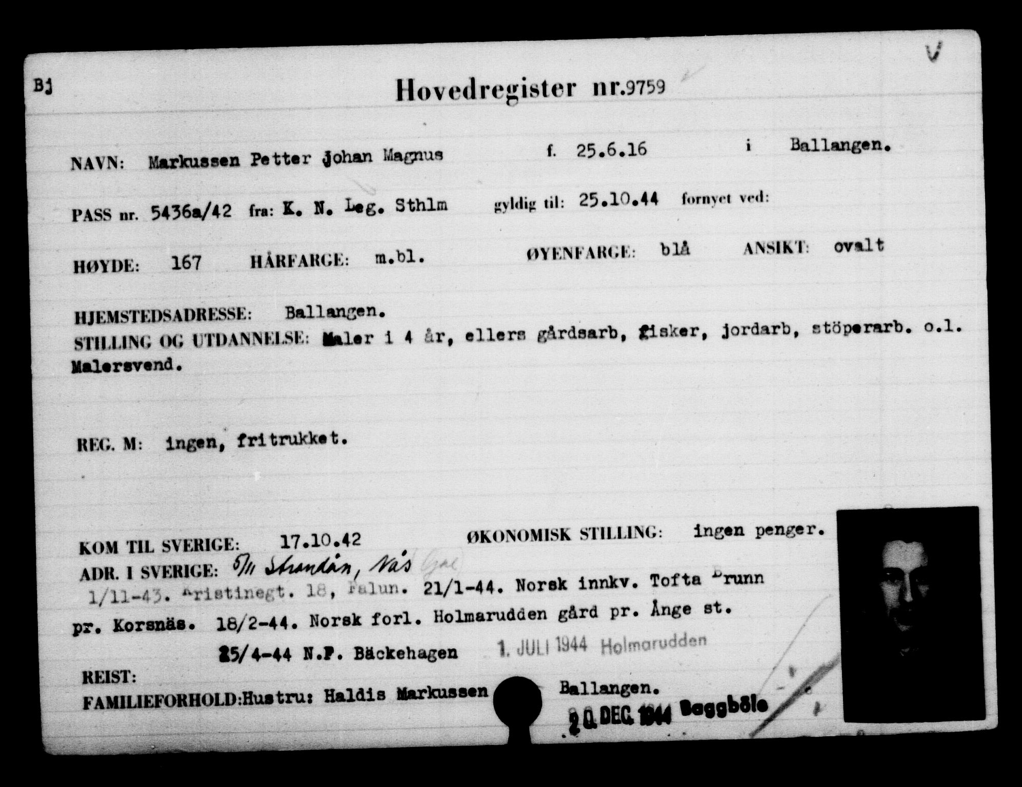 Utenriksstasjonene, Legasjonen i Stockholm, Flyktningkontoret, AV/RA-S-6753/V/Va/L0006: Kjesäterkartoteket, flyktninger med registreringsnr. 9400-12711, 1940-1945, s. 404