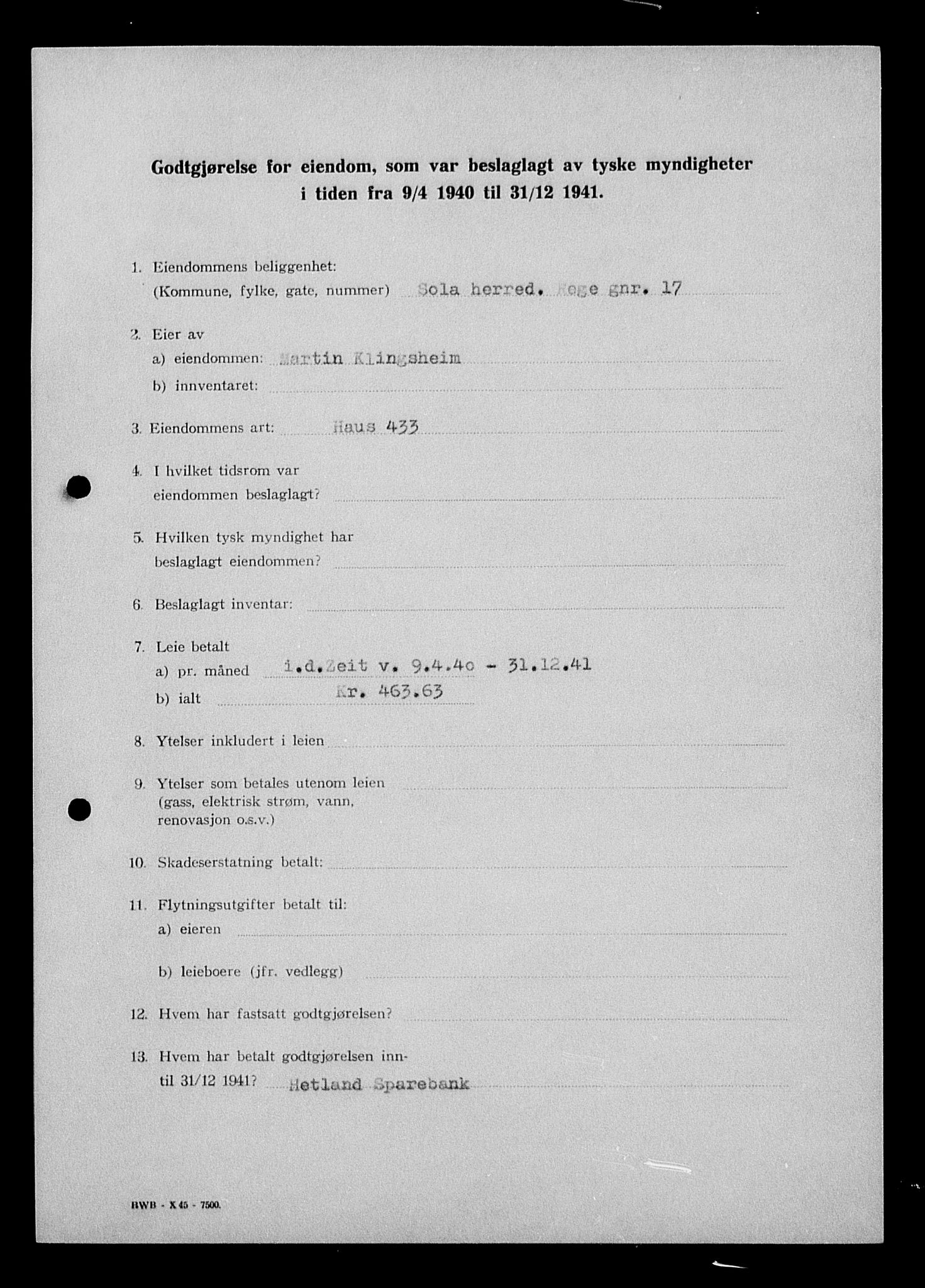 Justisdepartementet, Tilbakeføringskontoret for inndratte formuer, AV/RA-S-1564/I/L1014: Godtgjørelse for beslaglagt eiendom, 1940-1941, s. 422