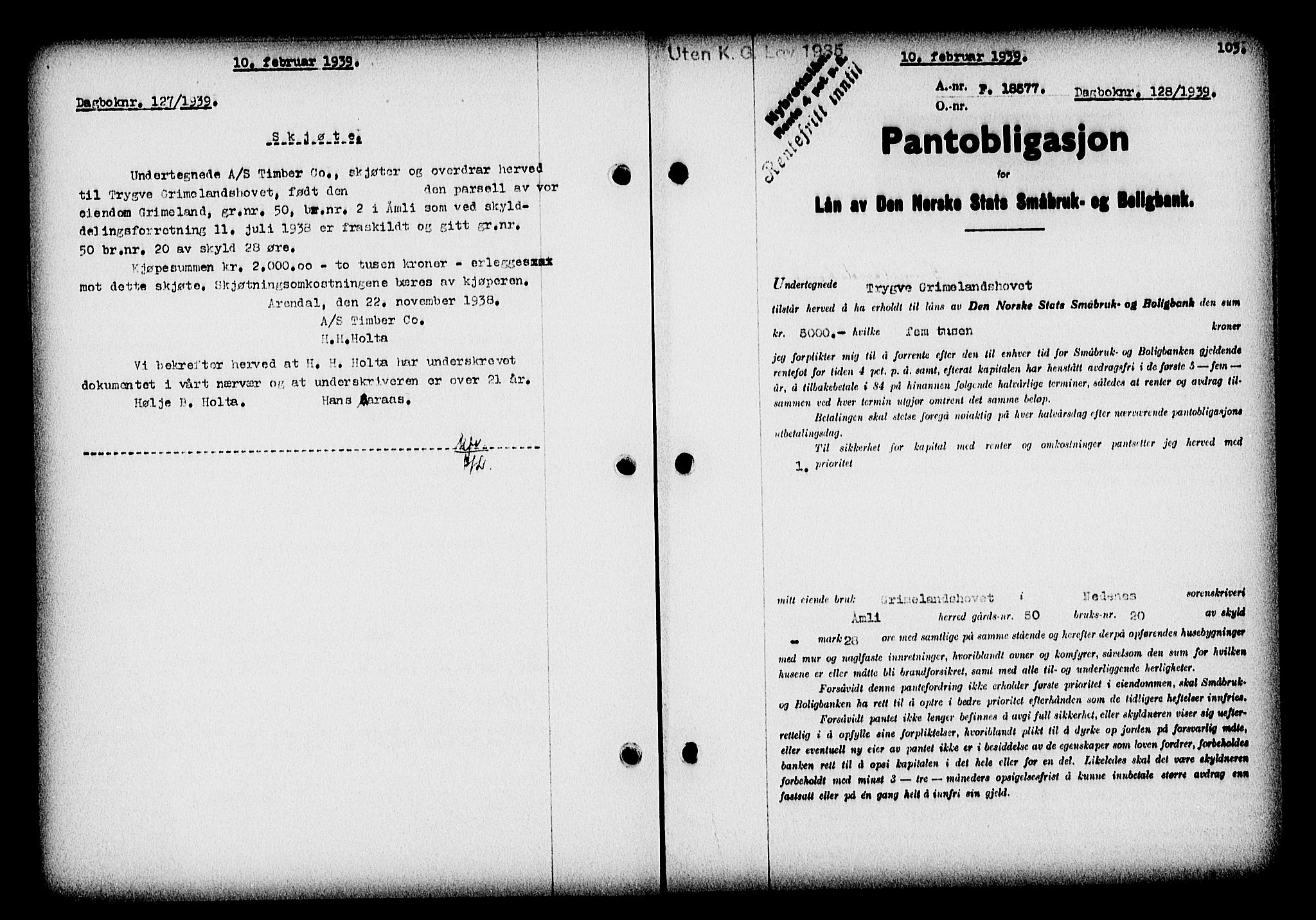 Nedenes sorenskriveri, SAK/1221-0006/G/Gb/Gba/L0046: Pantebok nr. 42, 1938-1939, Dagboknr: 128/1939