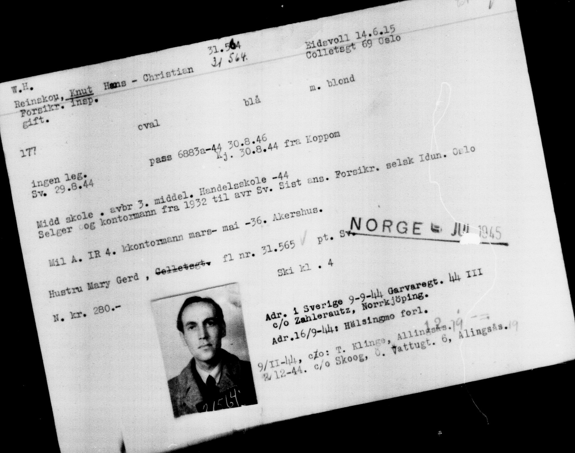 Utenriksstasjonene, Legasjonen i Stockholm, Flyktningkontoret, AV/RA-S-6753/V/Va/L0012: Kjesäterkartoteket, flyktninger med registreringsnr. 28300-31566, 1940-1945, s. 3532