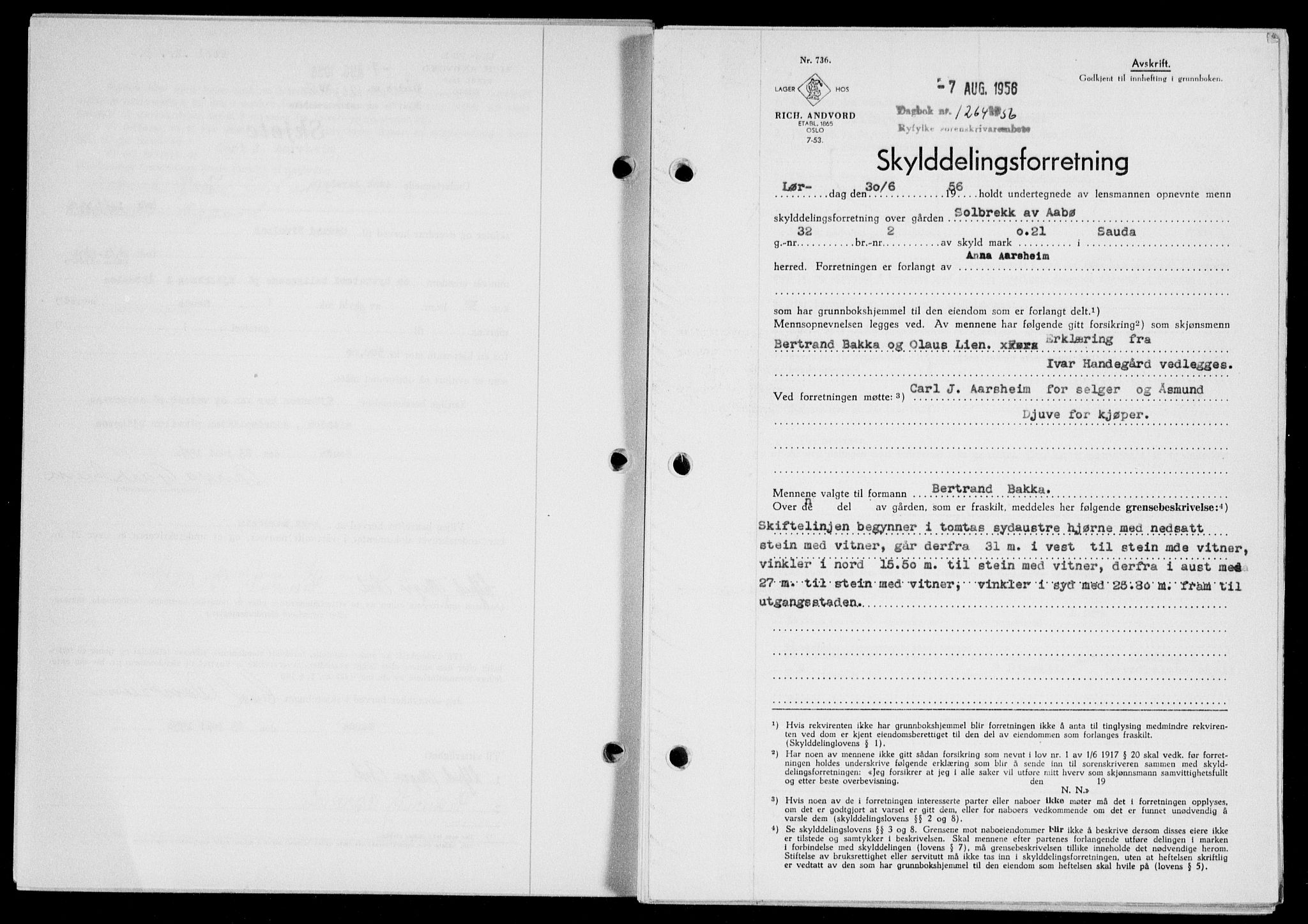 Ryfylke tingrett, SAST/A-100055/001/II/IIB/L0134: Pantebok nr. 113, 1956-1956, Dagboknr: 1264/1956