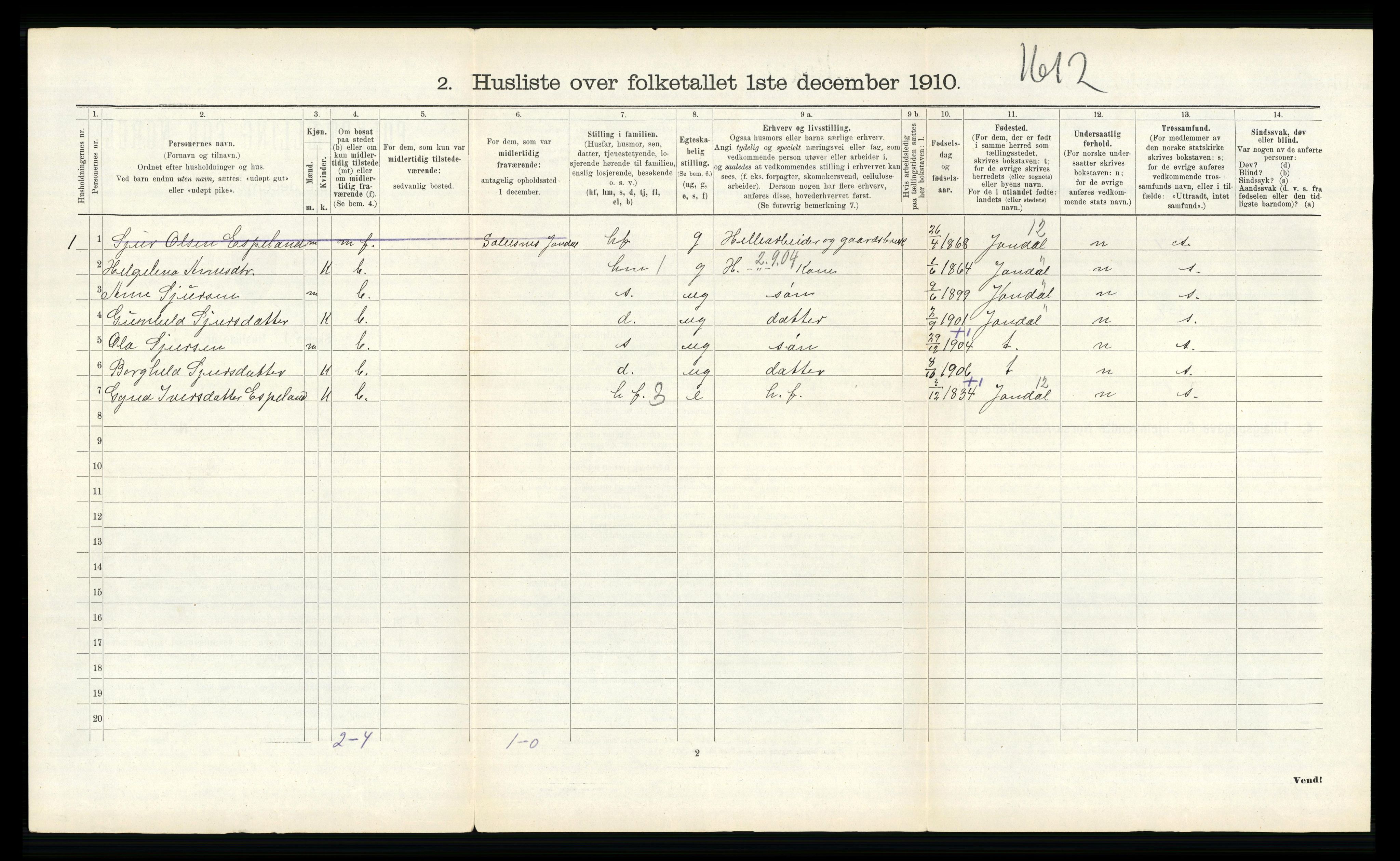 RA, Folketelling 1910 for 1238 Kvam herred, 1910, s. 624