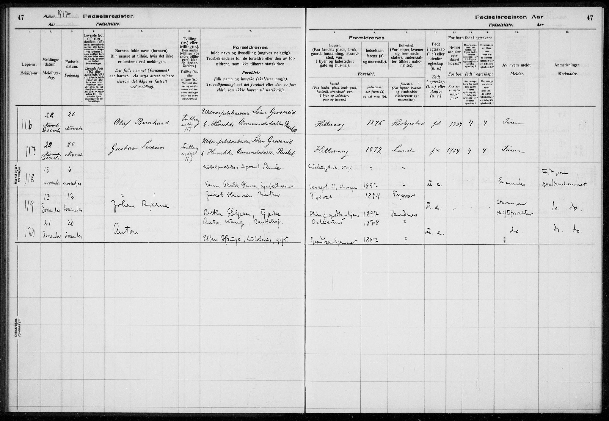 Hetland sokneprestkontor, AV/SAST-A-101826/70/704BA/L0003: Fødselsregister nr. 1, 1916-1923, s. 47