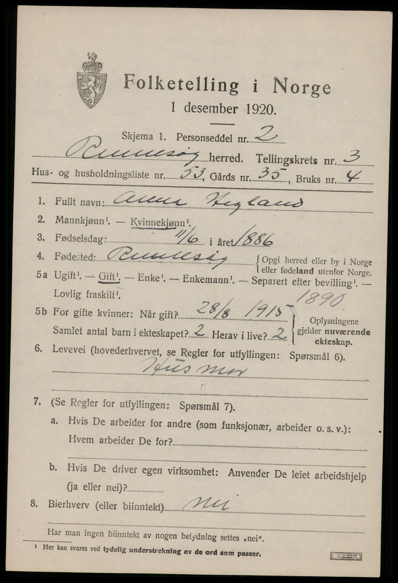 SAST, Folketelling 1920 for 1142 Rennesøy herred, 1920, s. 2576