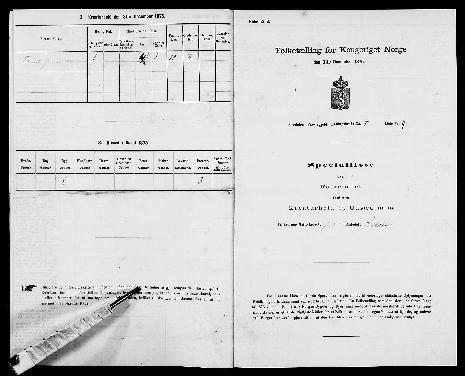 SAK, Folketelling 1875 for 1046P Sirdal prestegjeld, 1875, s. 413