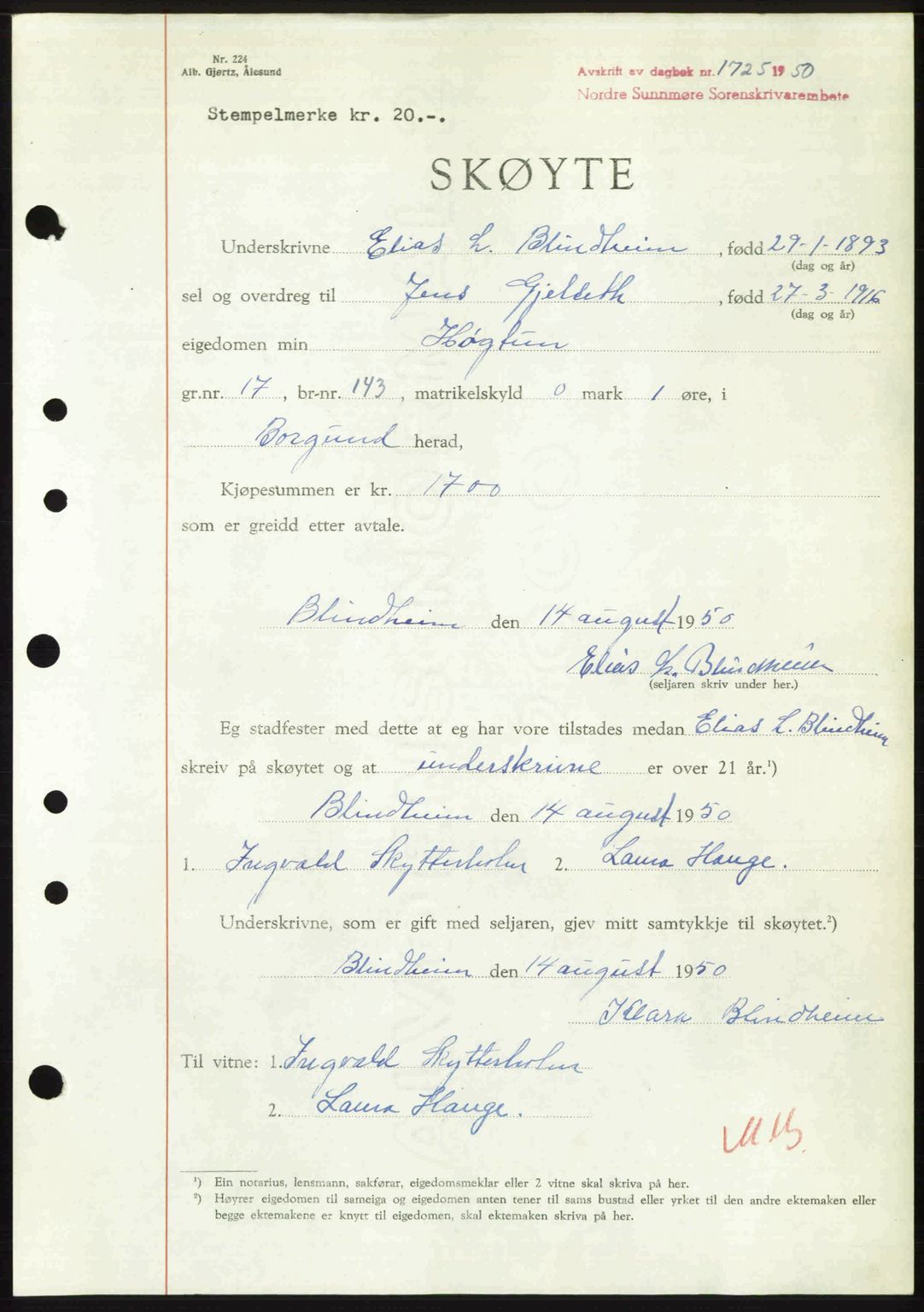 Nordre Sunnmøre sorenskriveri, AV/SAT-A-0006/1/2/2C/2Ca: Pantebok nr. A35, 1950-1950, Dagboknr: 1725/1950