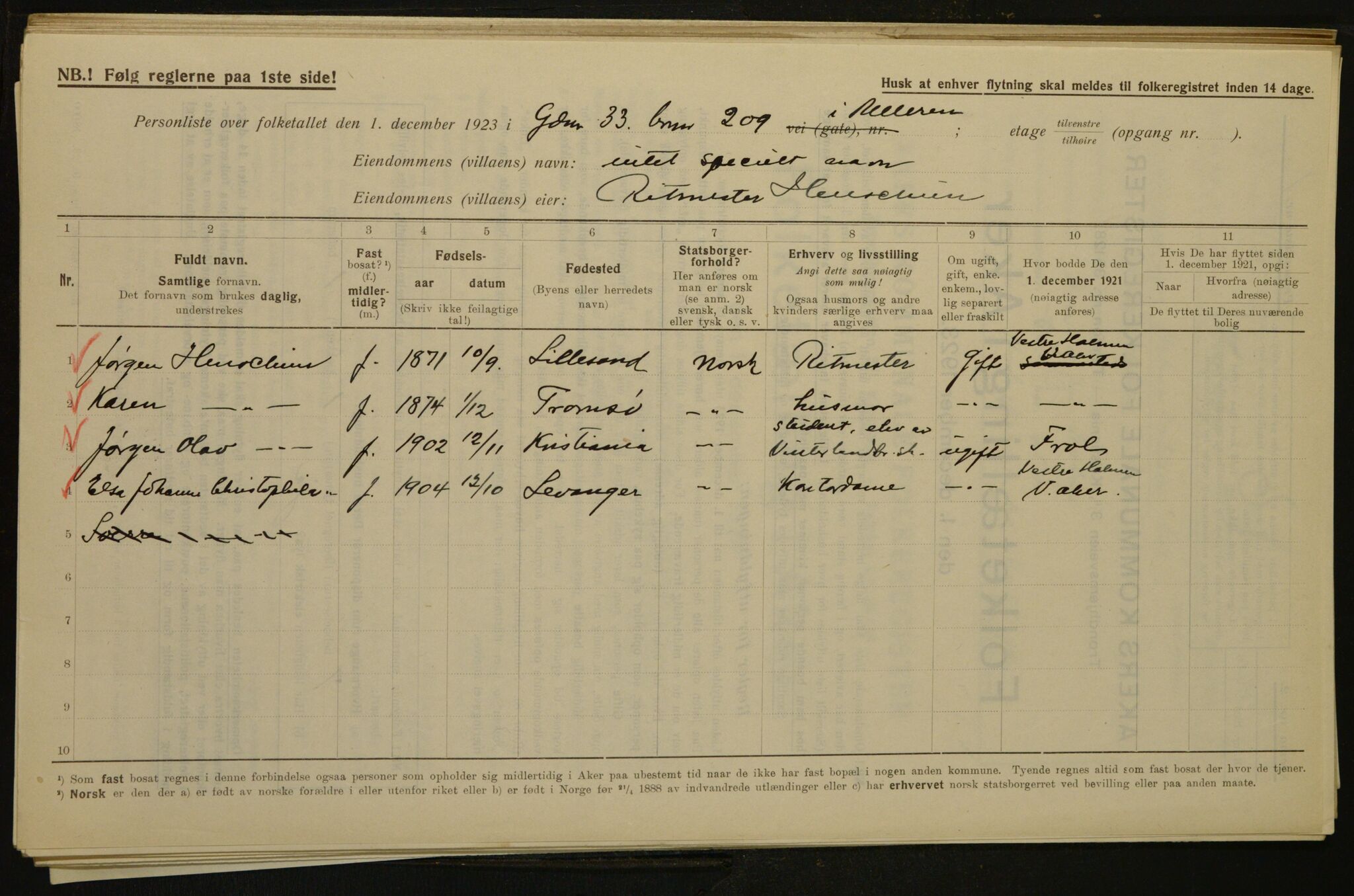 , Kommunal folketelling 1.12.1923 for Aker, 1923, s. 2798