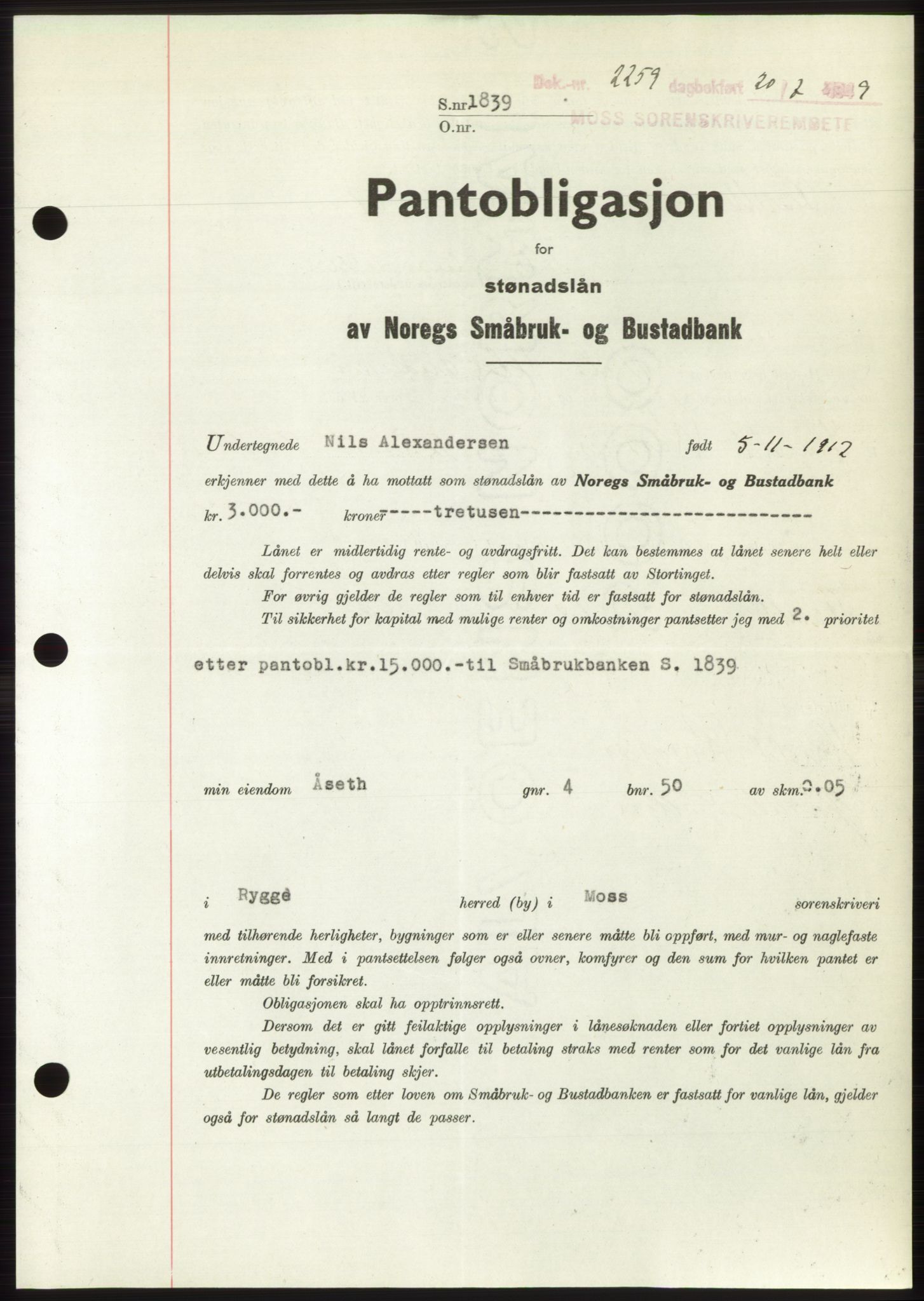 Moss sorenskriveri, SAO/A-10168: Pantebok nr. B22, 1949-1949, Dagboknr: 2259/1949