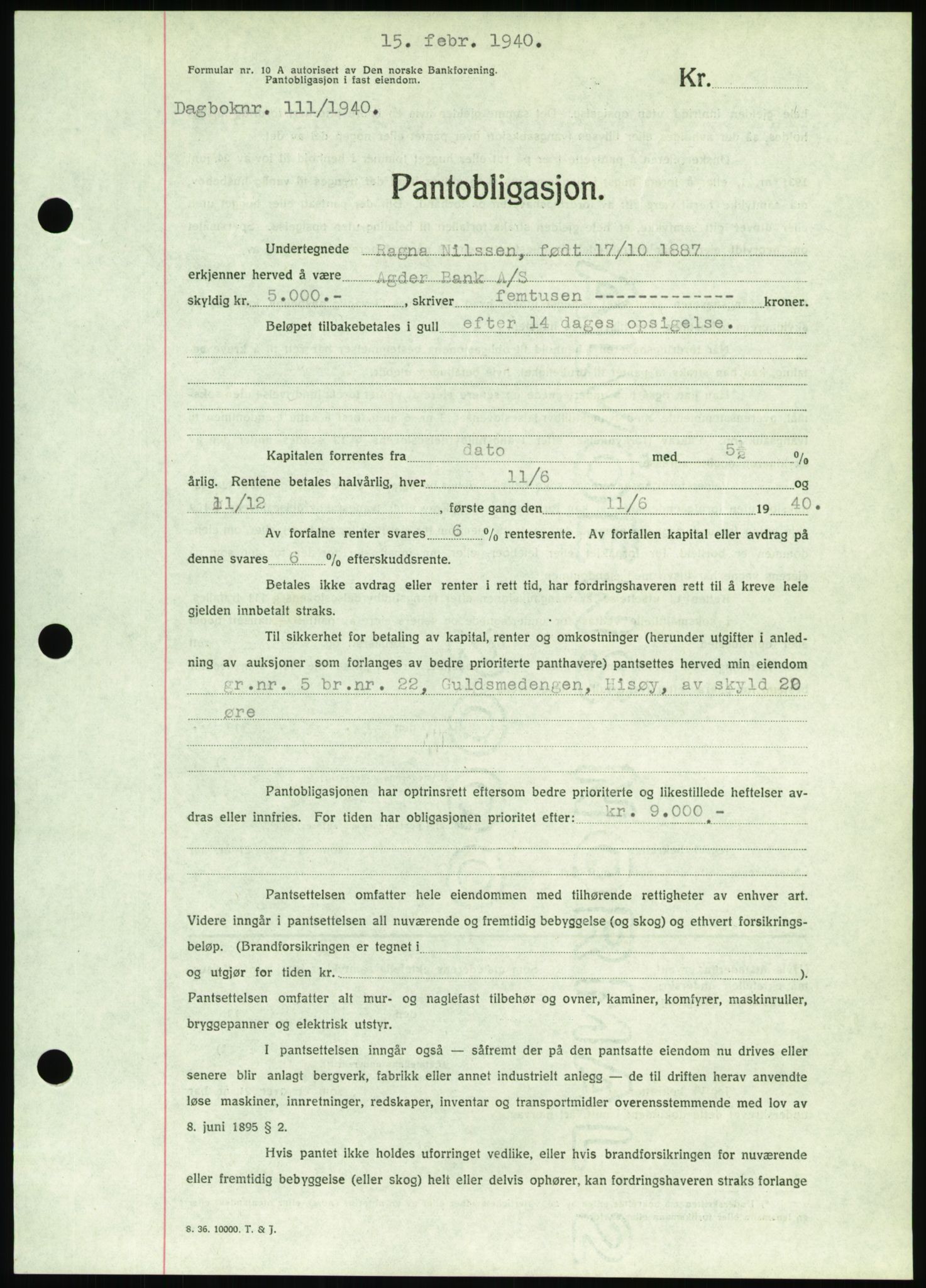 Nedenes sorenskriveri, SAK/1221-0006/G/Gb/Gbb/L0001: Pantebok nr. I, 1939-1942, Dagboknr: 111/1940