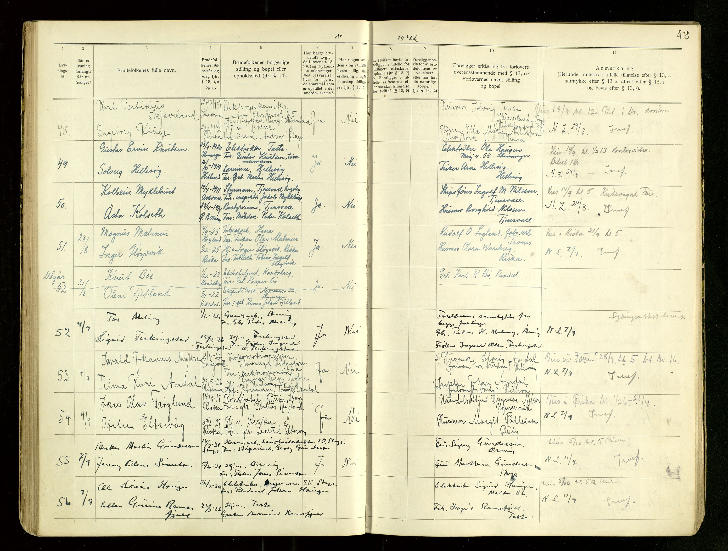 Hetland sokneprestkontor, AV/SAST-A-101826/70/705BA/L0007: Lysningsprotokoll nr. 7, 1939-1951, s. 42