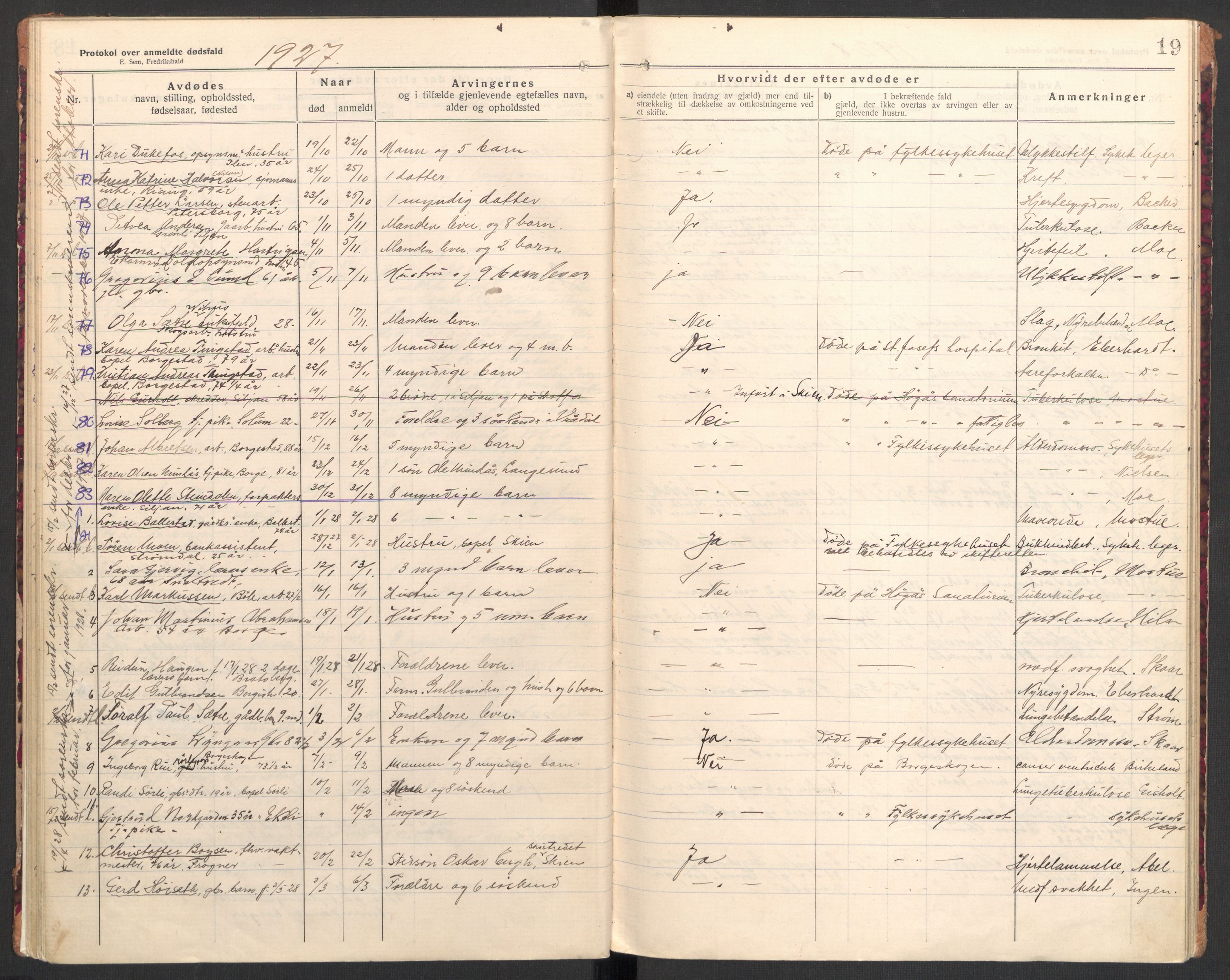 Gjerpen og Siljan lensmannskontor, AV/SAKO-A-555/H/Ha/L0003: Dødsfallsprotokoll, 1922-1931, s. 19