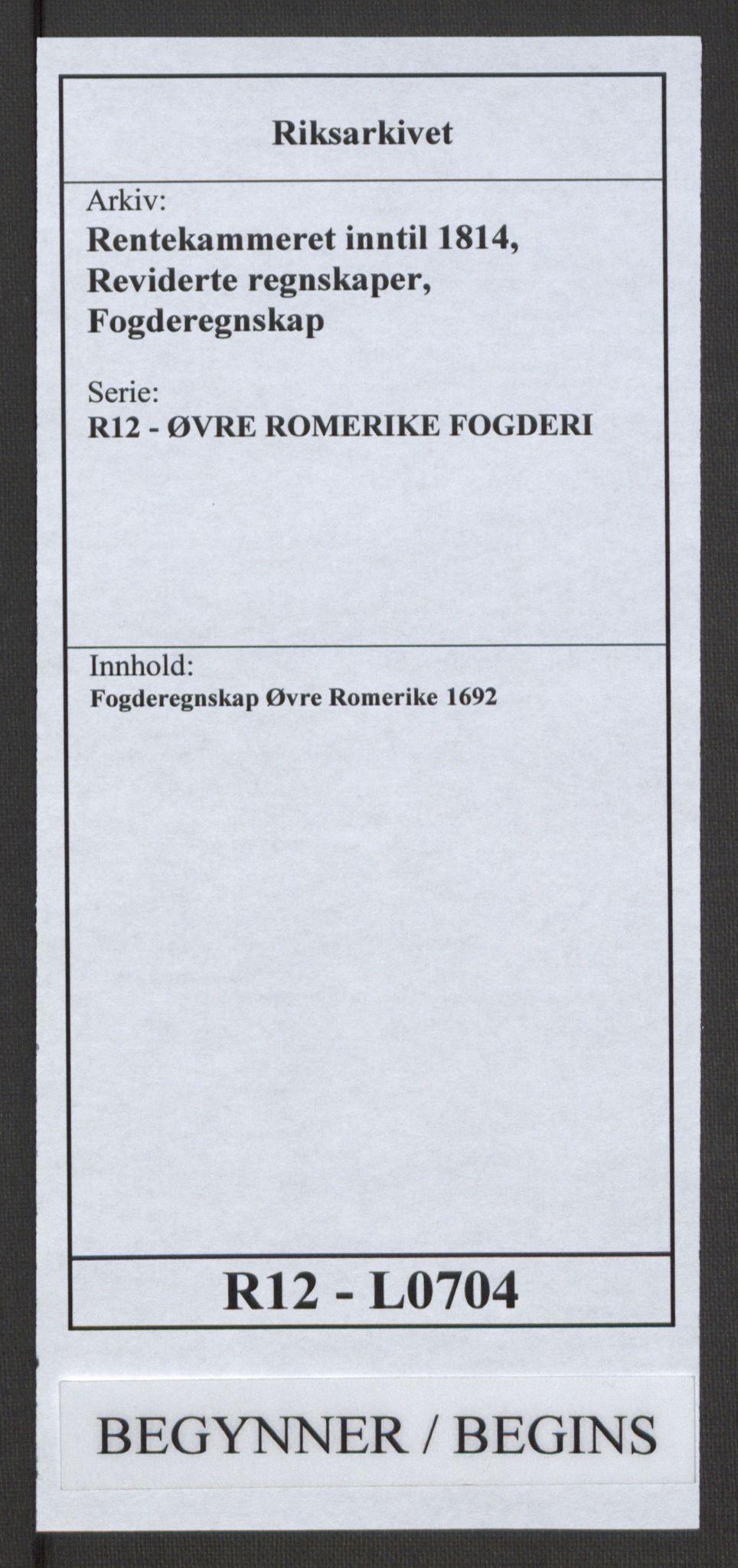 Rentekammeret inntil 1814, Reviderte regnskaper, Fogderegnskap, RA/EA-4092/R12/L0704: Fogderegnskap Øvre Romerike, 1692, s. 1