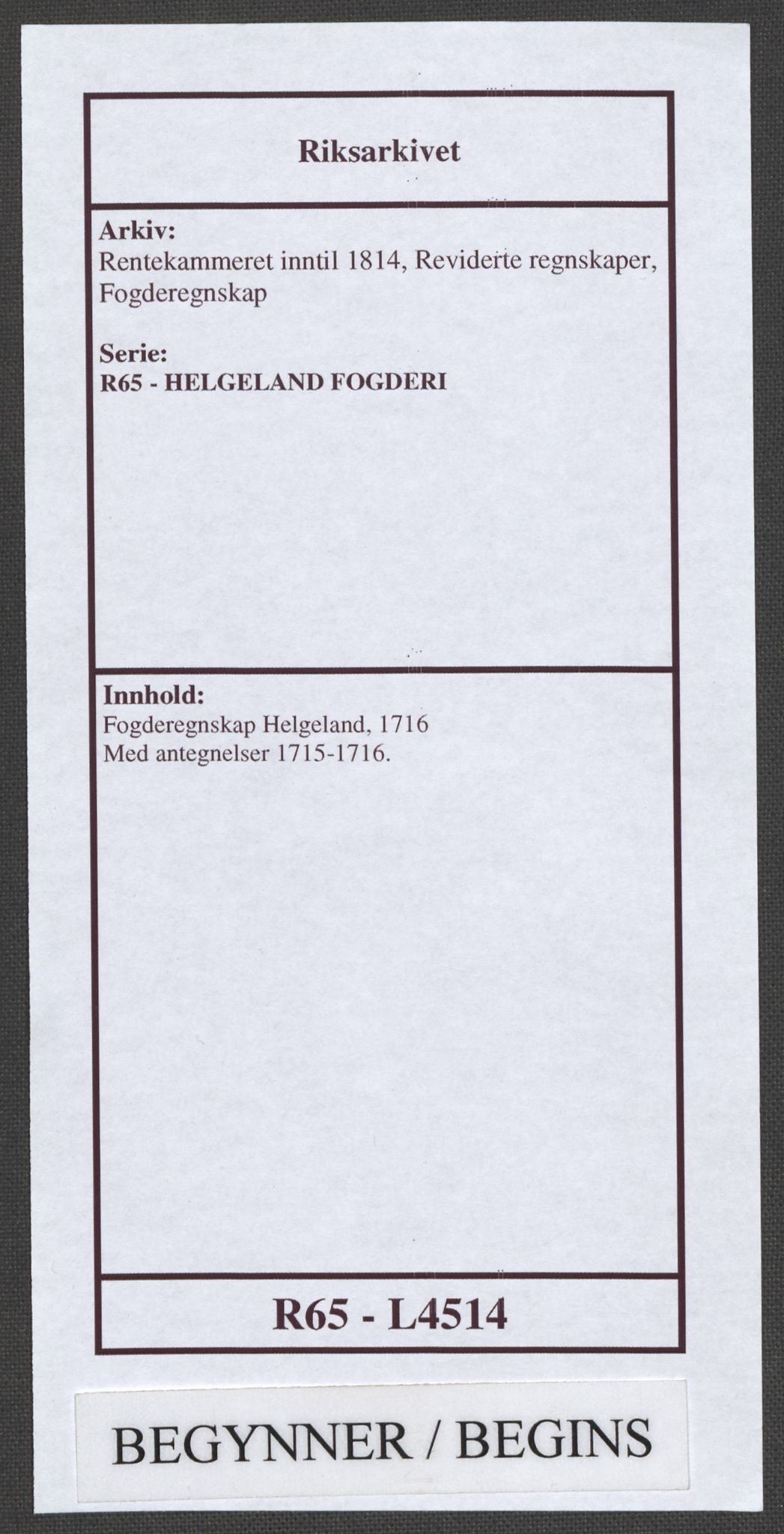 Rentekammeret inntil 1814, Reviderte regnskaper, Fogderegnskap, RA/EA-4092/R65/L4514: Fogderegnskap Helgeland, 1716, s. 1