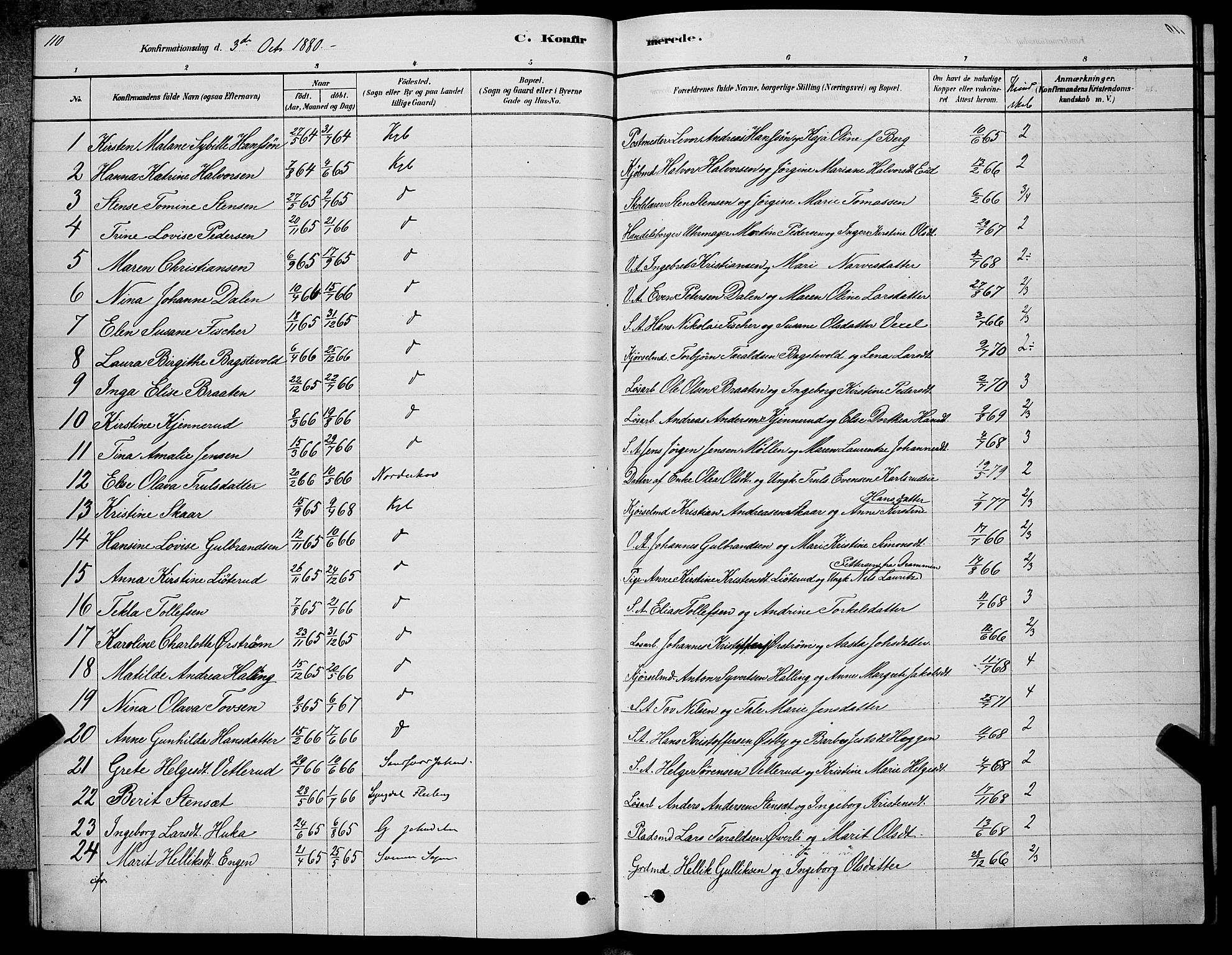 Kongsberg kirkebøker, AV/SAKO-A-22/G/Ga/L0005: Klokkerbok nr. 5, 1878-1889, s. 110