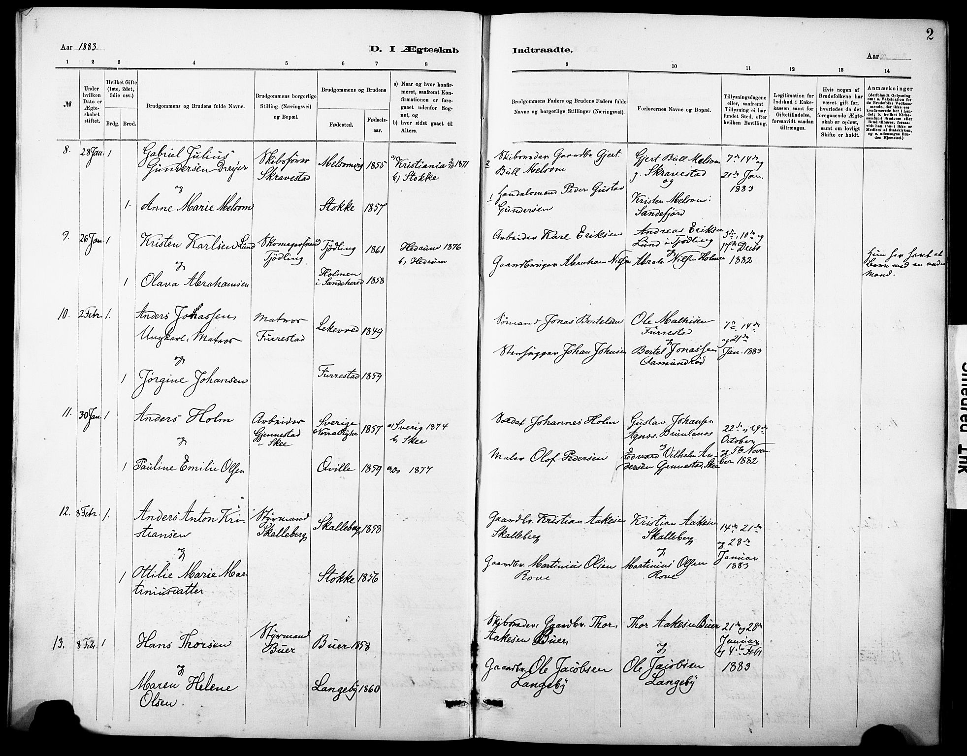 Sandar kirkebøker, AV/SAKO-A-243/F/Fa/L0013: Ministerialbok nr. 13, 1883-1895, s. 2