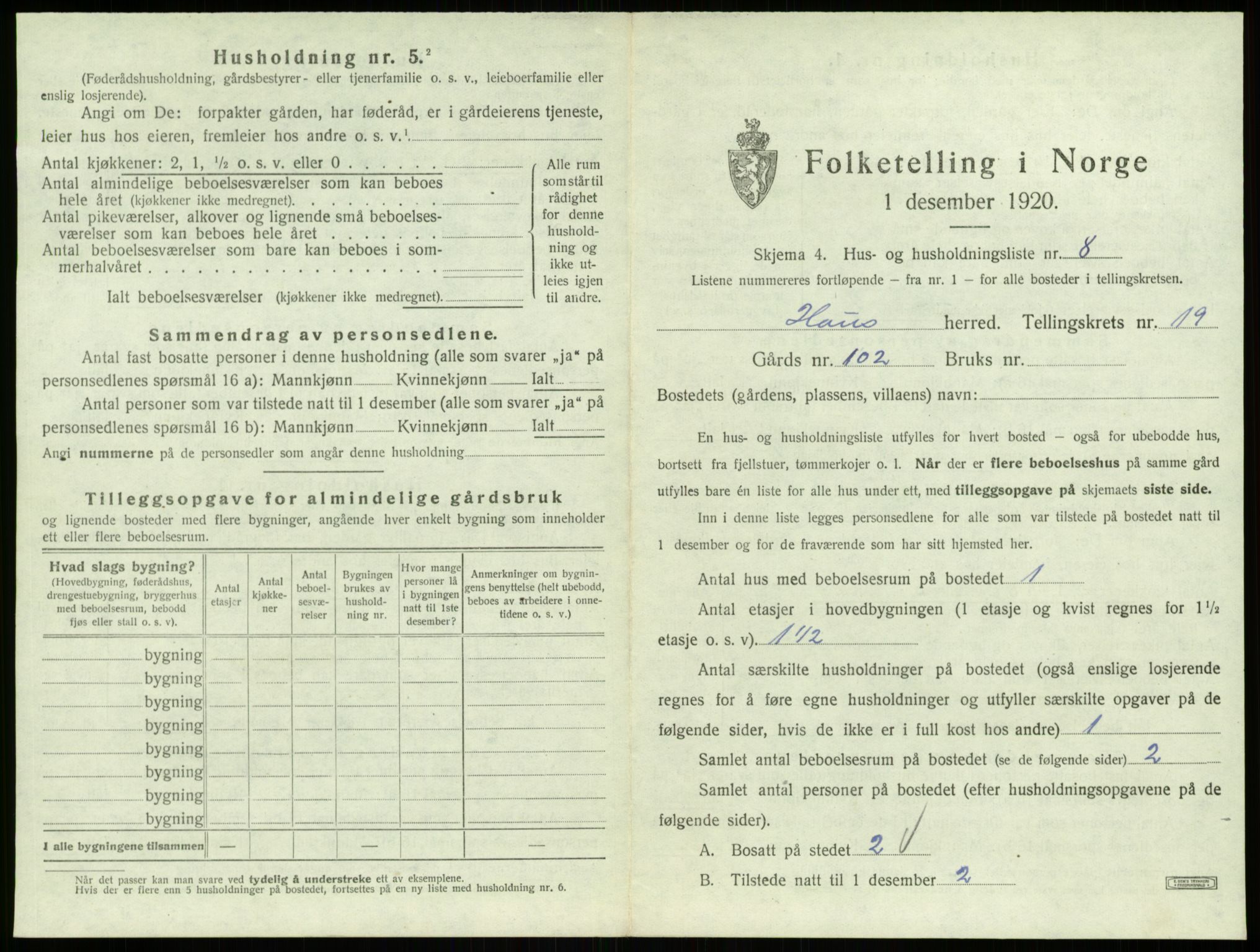 SAB, Folketelling 1920 for 1250 Haus herred, 1920, s. 1627